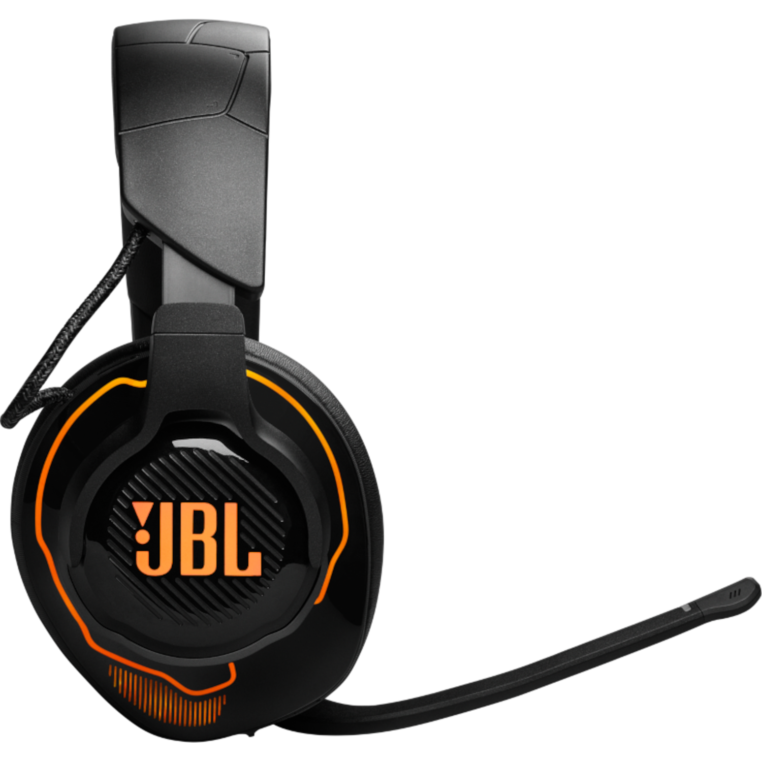 Zwarte JBL gaming headset met oranje accenten en een microfoon.