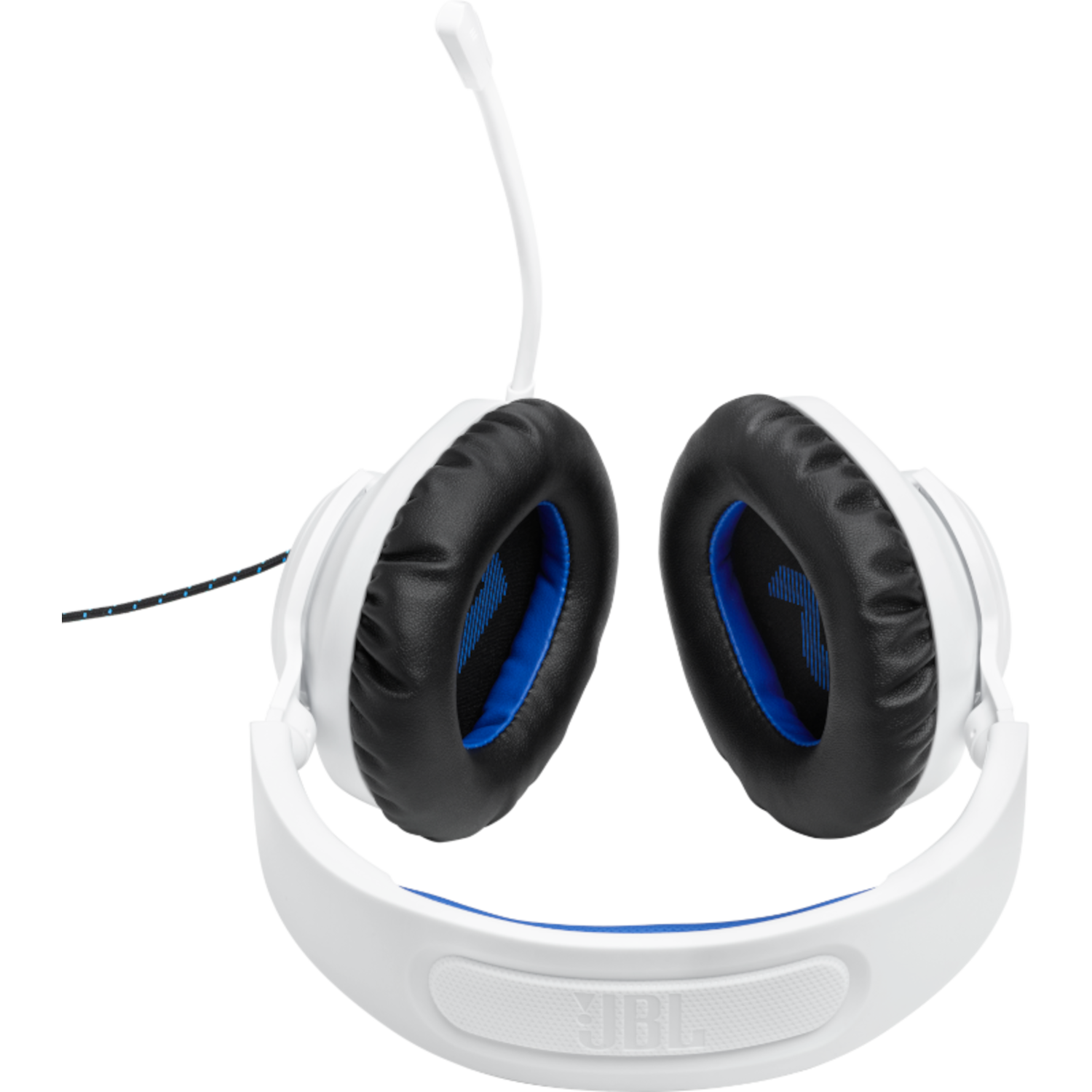 Witte gamingheadset met zwarte oorschelpen en blauwe accenten. Microfoon is omhoog.