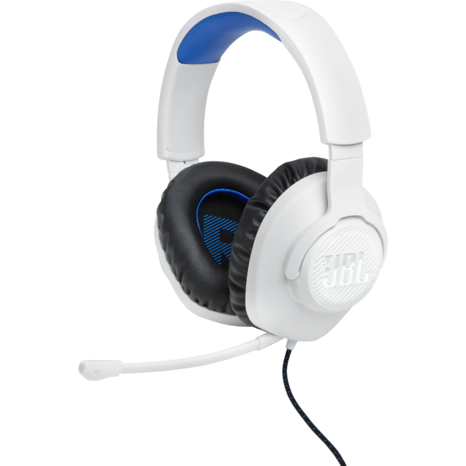 Witte JBL gaming-hoofdtelefoon met een microfoon. De achtergrond is zwart.