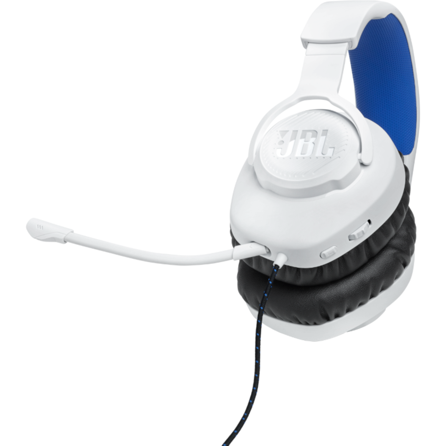Witte JBL-koptelefoon met microfoon, blauw-witte details. Zwarte achtergrond.