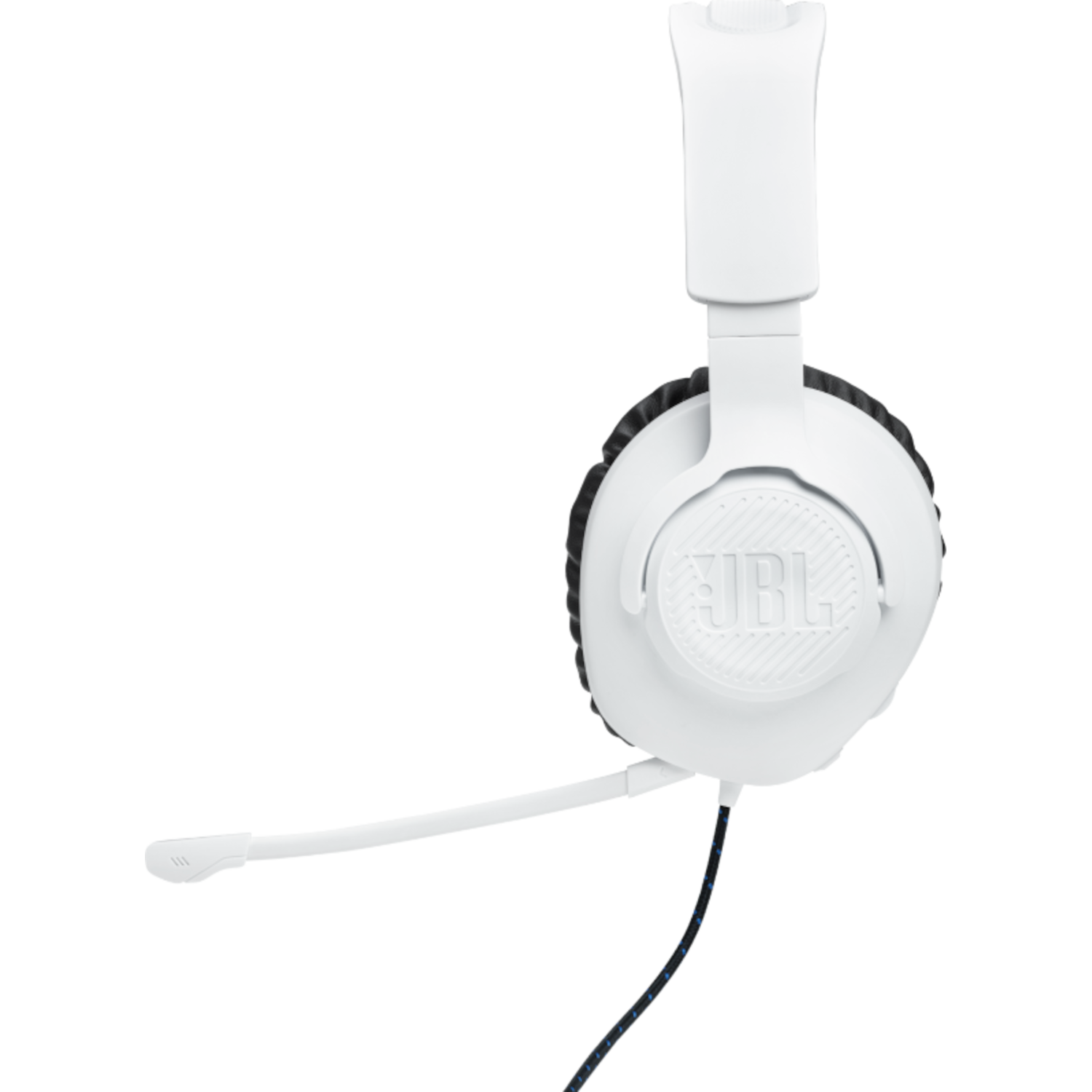 Witte JBL-headset met microfoon, zwarte achtergrond.