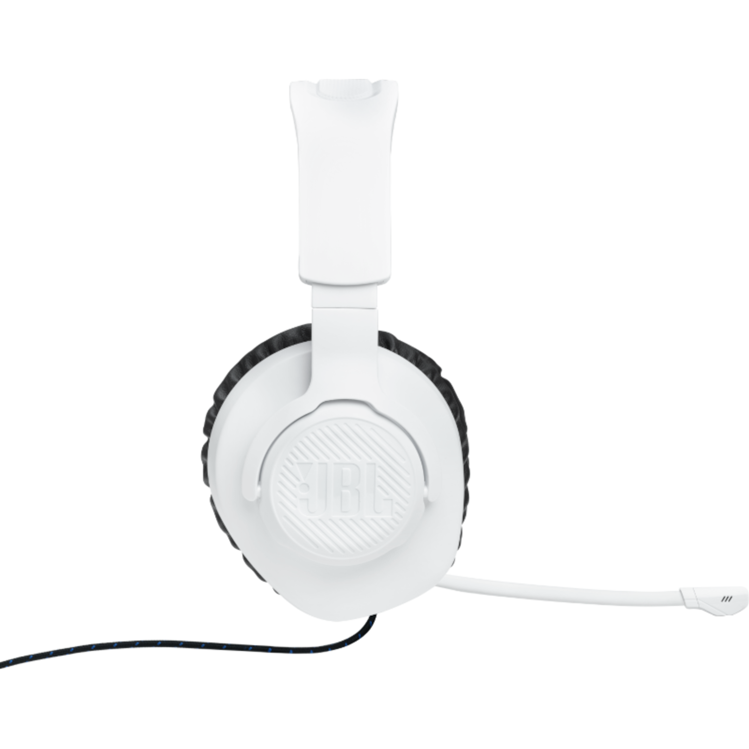 Witte gamingheadset met een microfoon, geïsoleerd op een zwarte achtergrond.