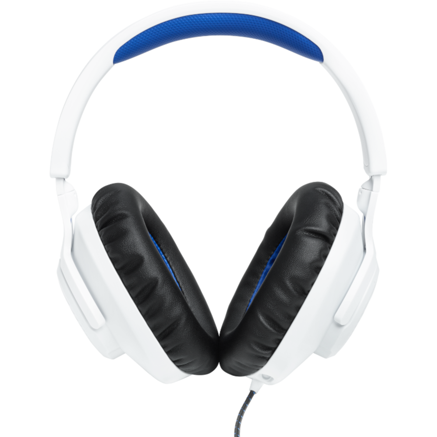 Witte hoofdtelefoon met zwarte oorschelpen en blauwe accenten, zwarte achtergrond.