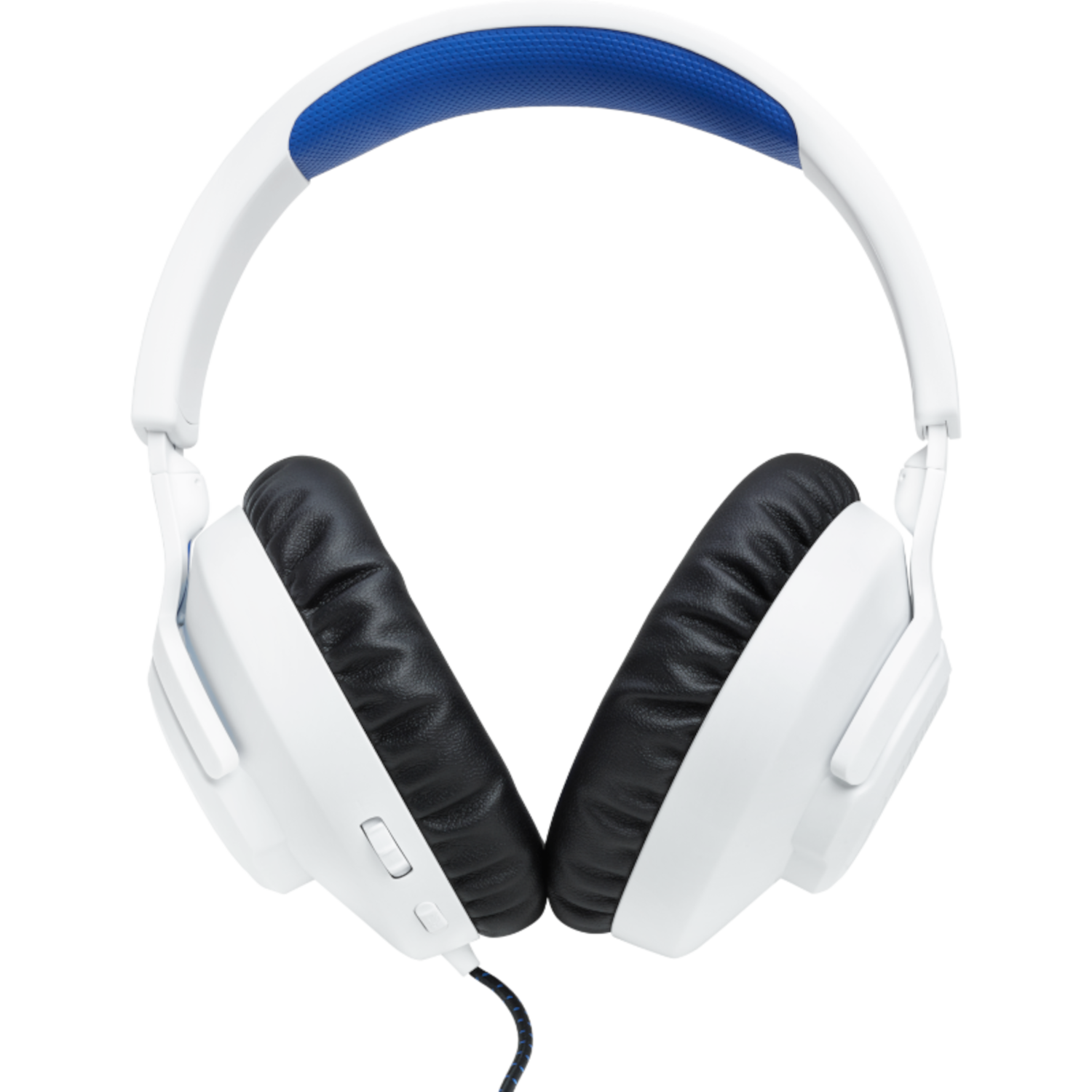 Witte hoofdtelefoon met blauwe accenten en oorkussens, en een zwarte kabel.