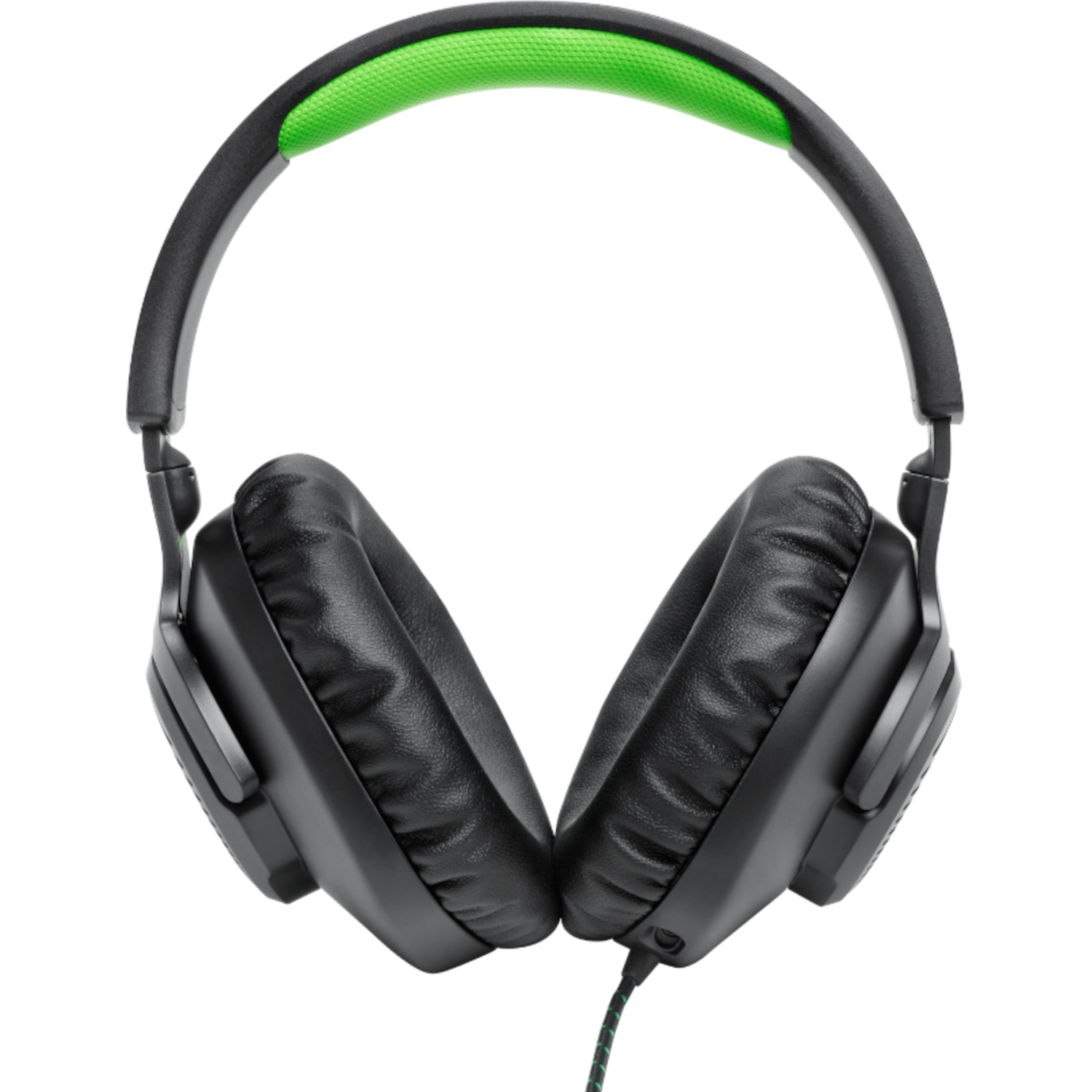 Zwarte en groene koptelefoon. Groene gewatteerde hoofdband. Zwarte oorschelpen.
