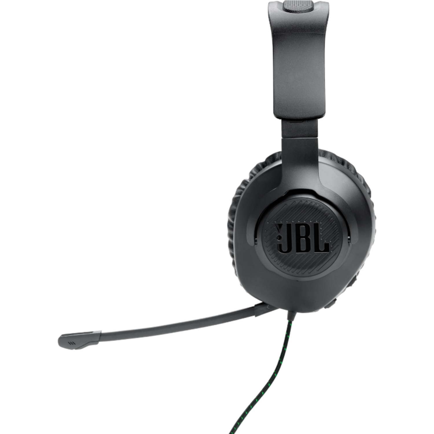 Zwarte JBL gaming headset met een microfoon. De headset staat op een donkere achtergrond.