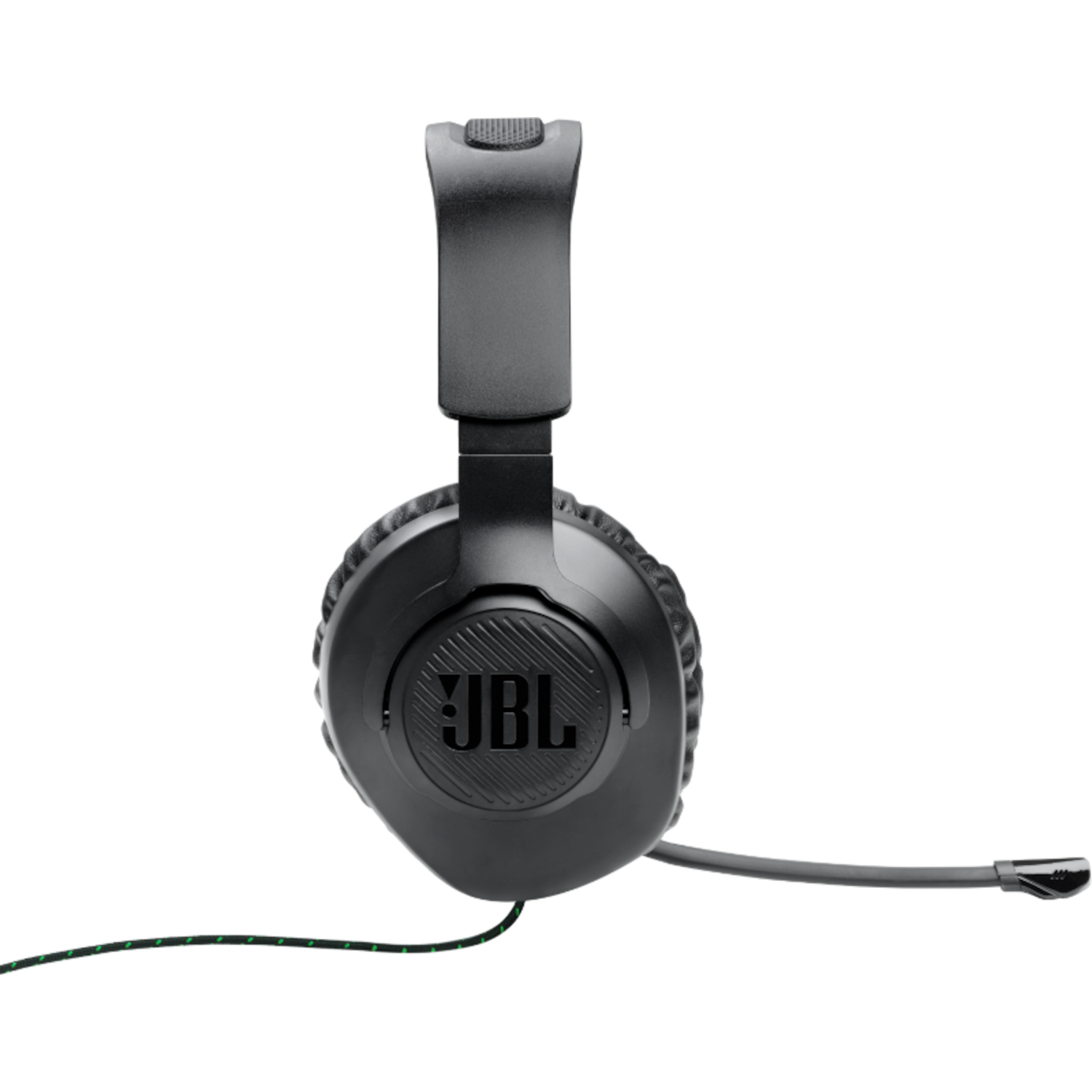 Zwarte JBL gaming headset met microfoon op zwarte achtergrond.