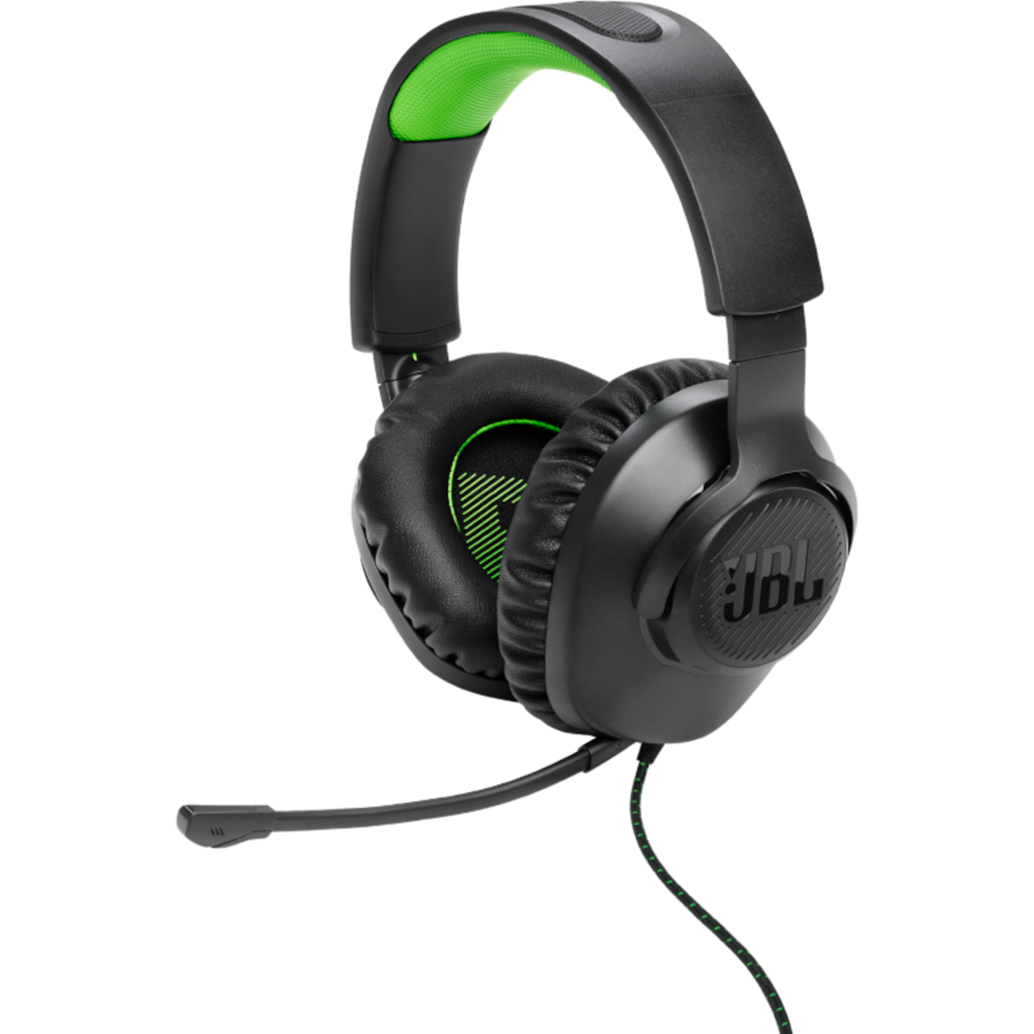 Zwarte JBL gaming headset met groene accenten en een microfoon.