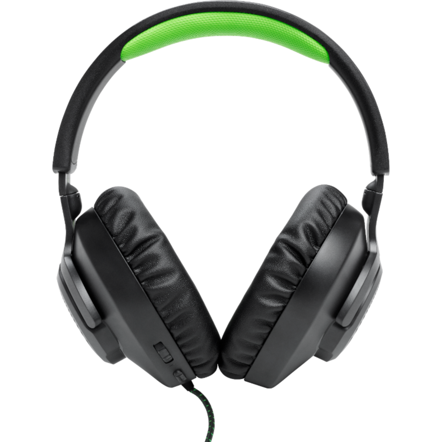 Zwarte en groene koptelefoon met over-ear design, gezien vanuit een close-up perspectief.