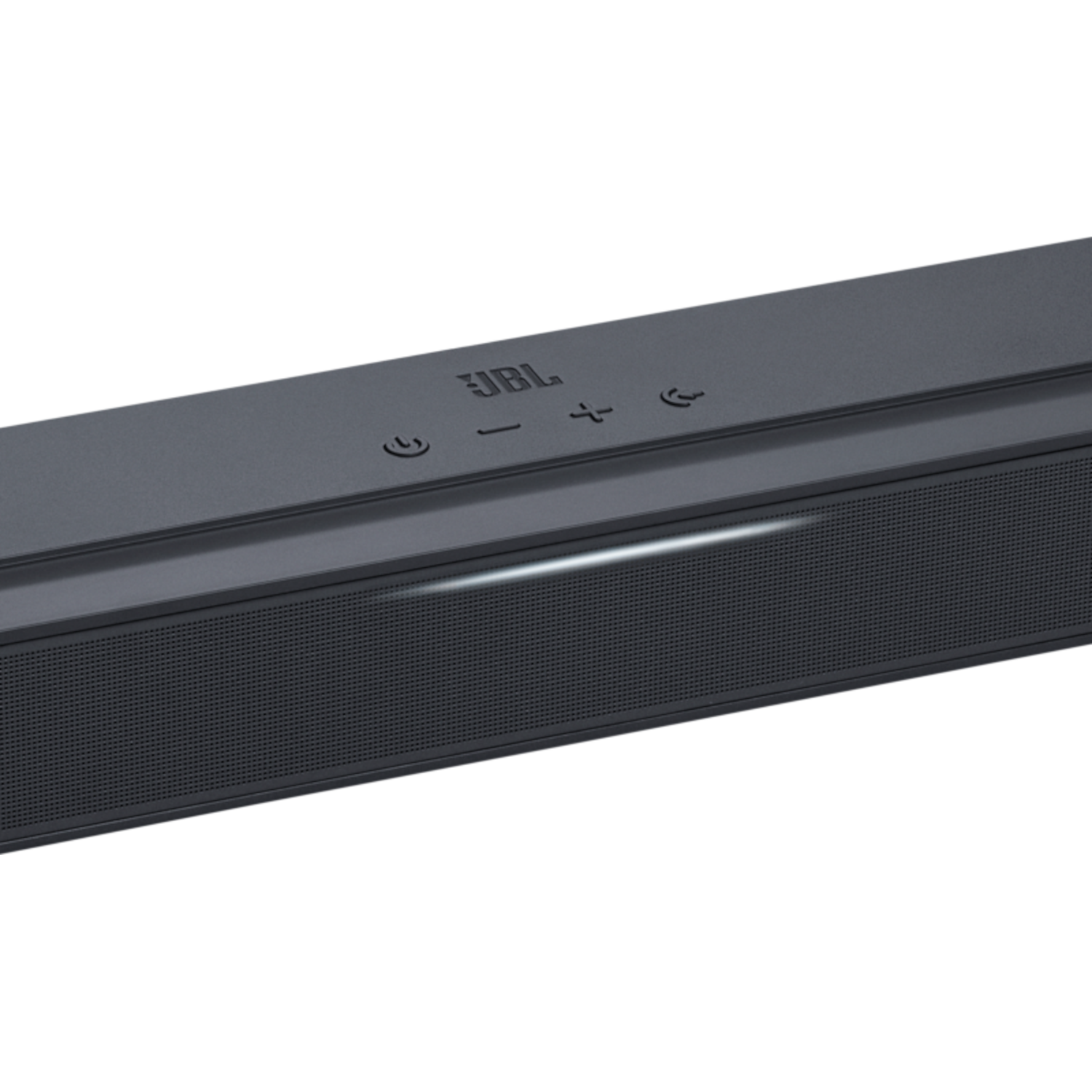 Black JBL soundbar with controls on top. The front has a mesh grill. Black background.