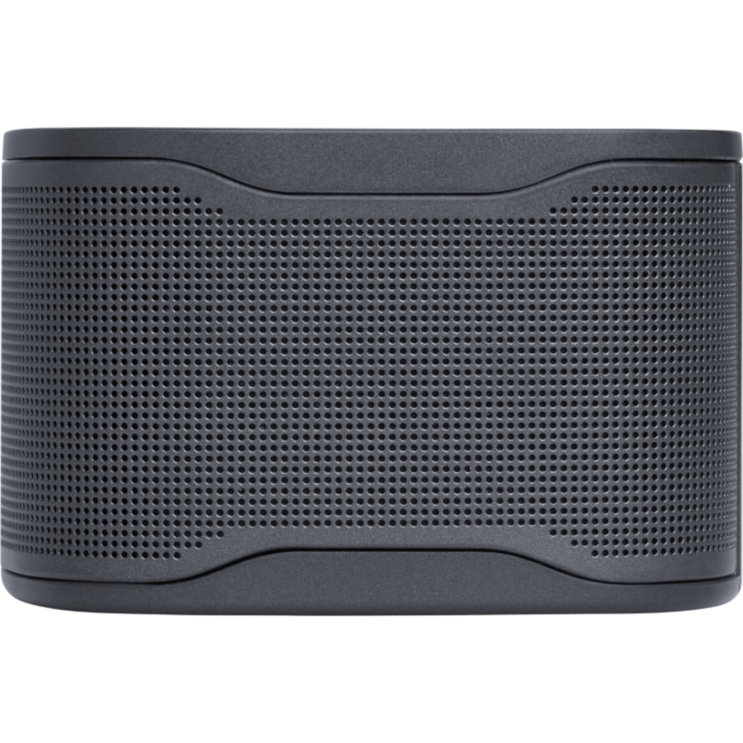 A black, rectangular speaker. It has many small holes on the front.