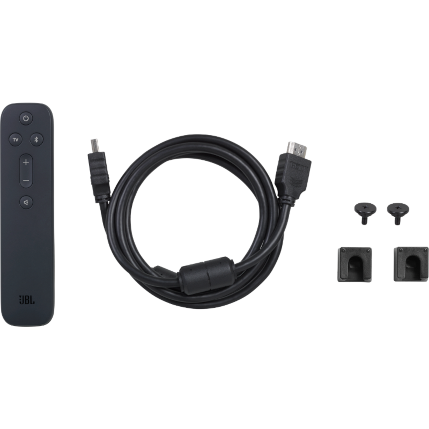Remote, cable, and two brackets on a black surface. White background.
