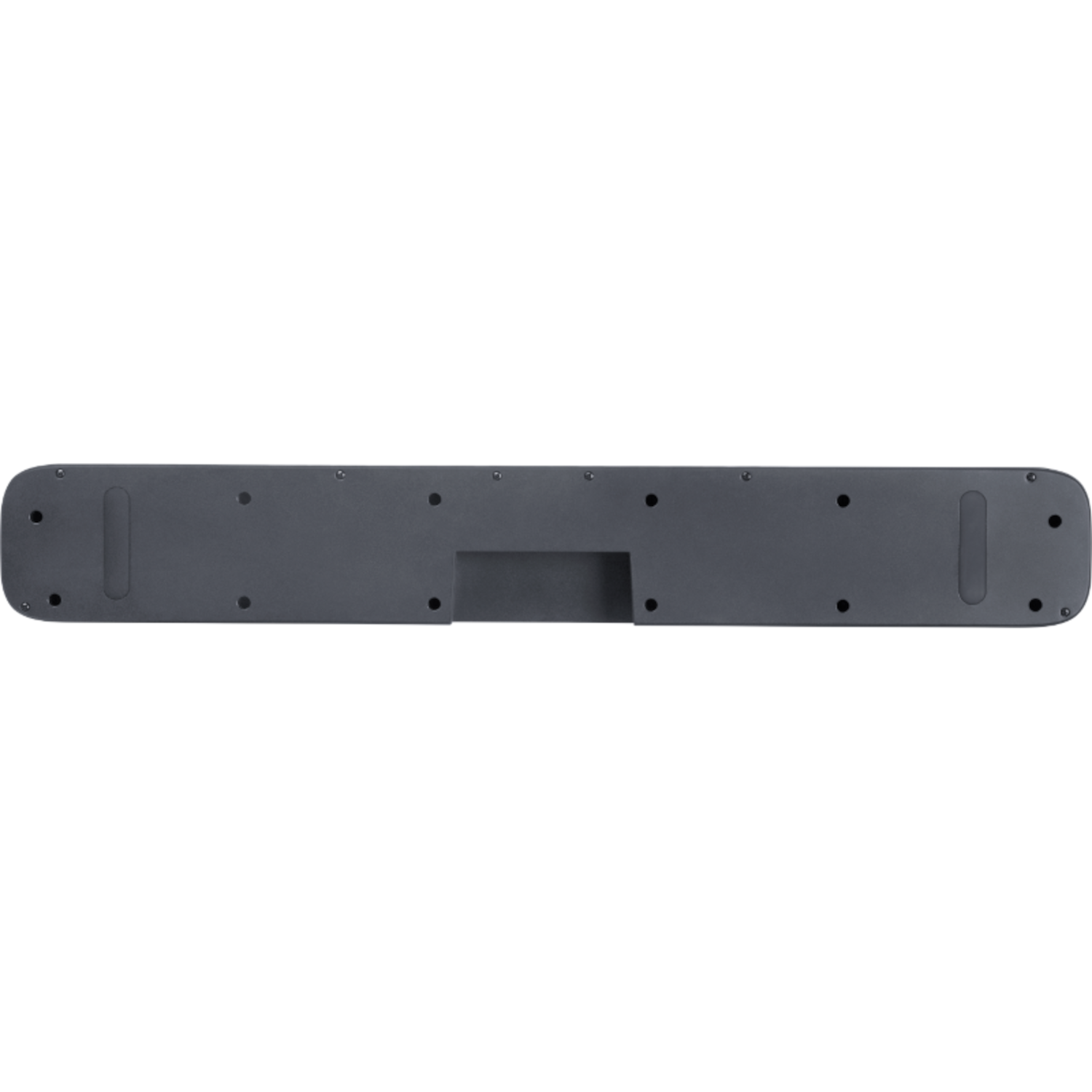 A long, dark gray soundbar, seen from the bottom, with multiple screw holes and a central opening.