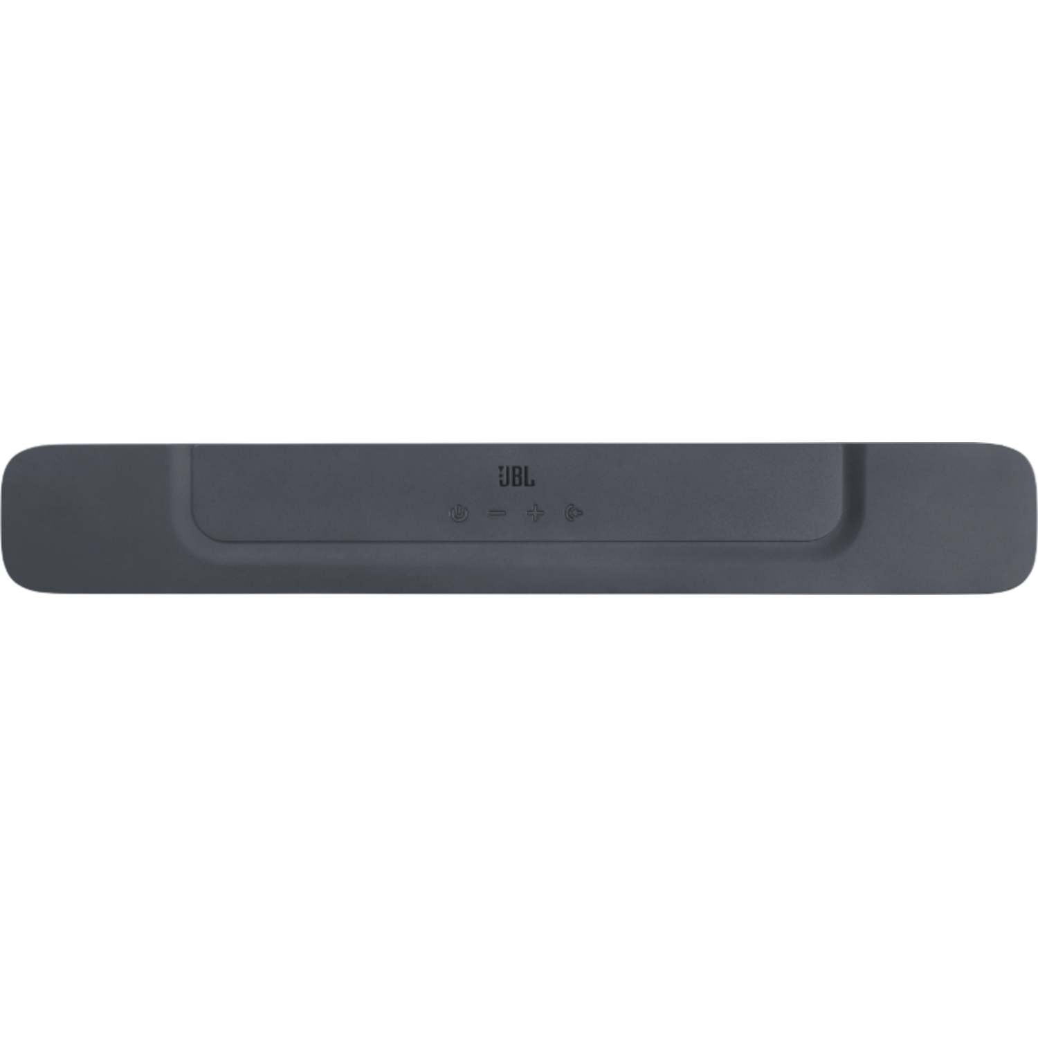 Dark gray soundbar with JBL logo, power, volume up and down buttons.