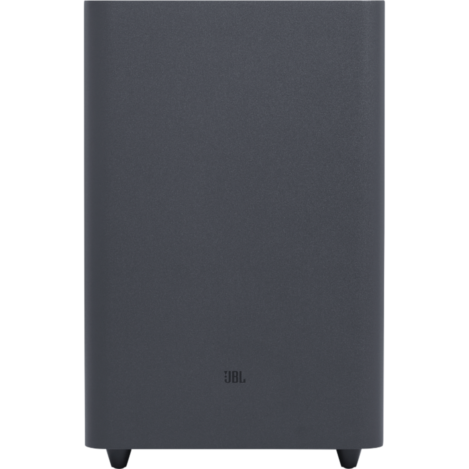 Donkergrijze soundbar met het JBL-logo onderaan.