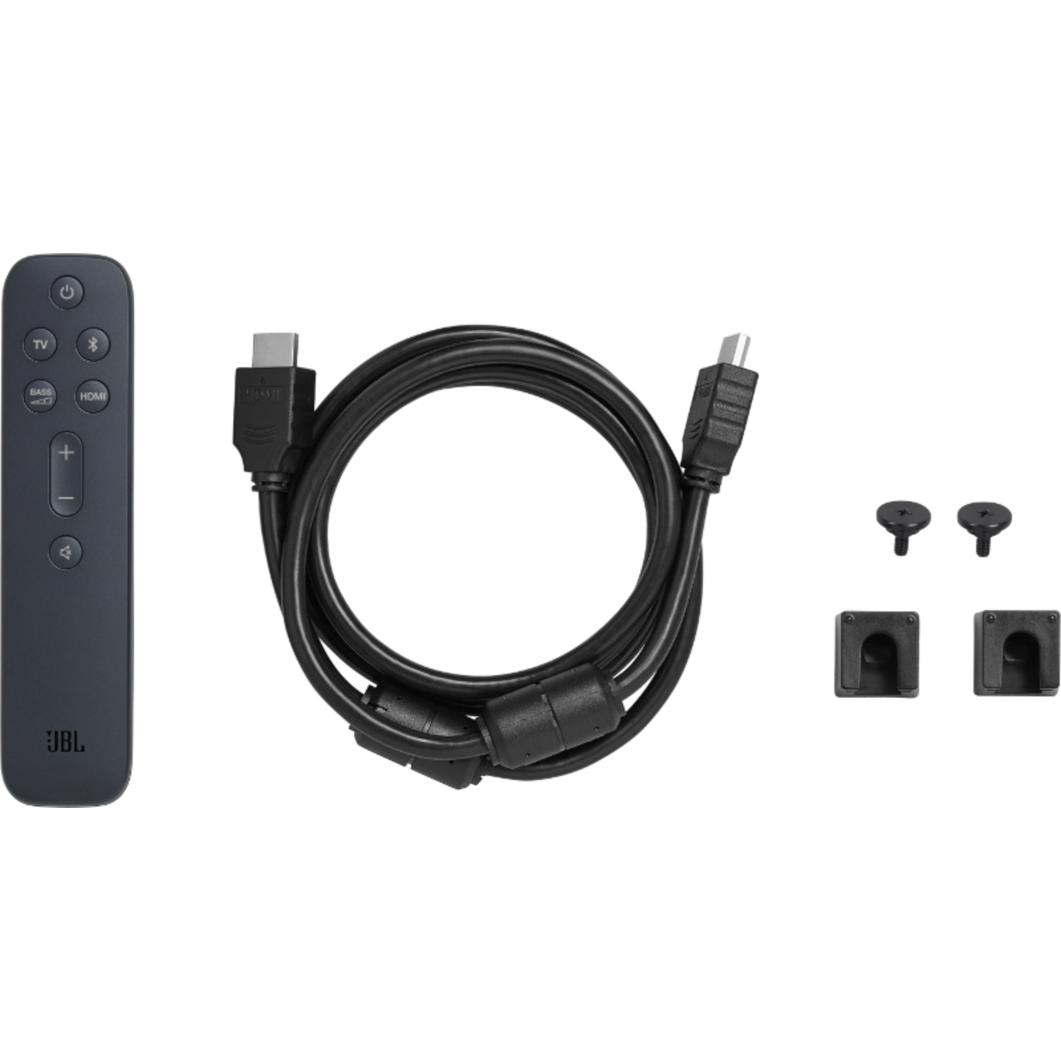 JBL-afstandsbediening, HDMI-kabel en accessoires op een zwarte achtergrond. Netjes.