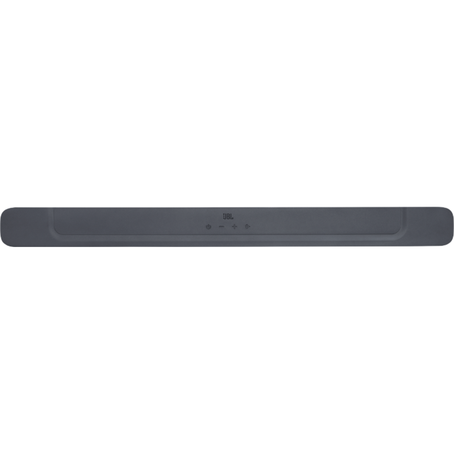 Een grijze soundbar met het JBL-logo en bedieningsknoppen op een donkere achtergrond.