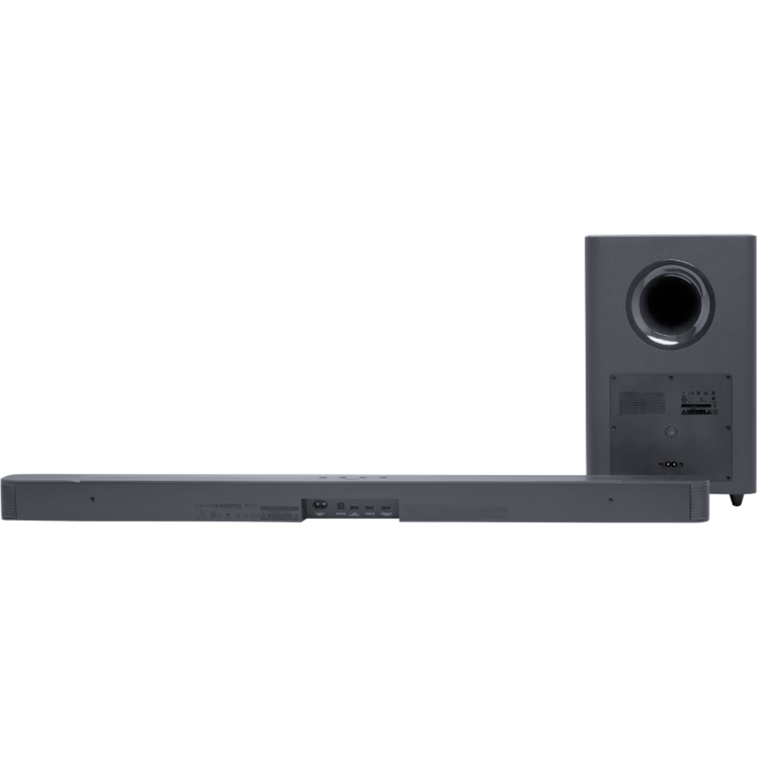Grijze soundbar en subwoofer op zwarte achtergrond.