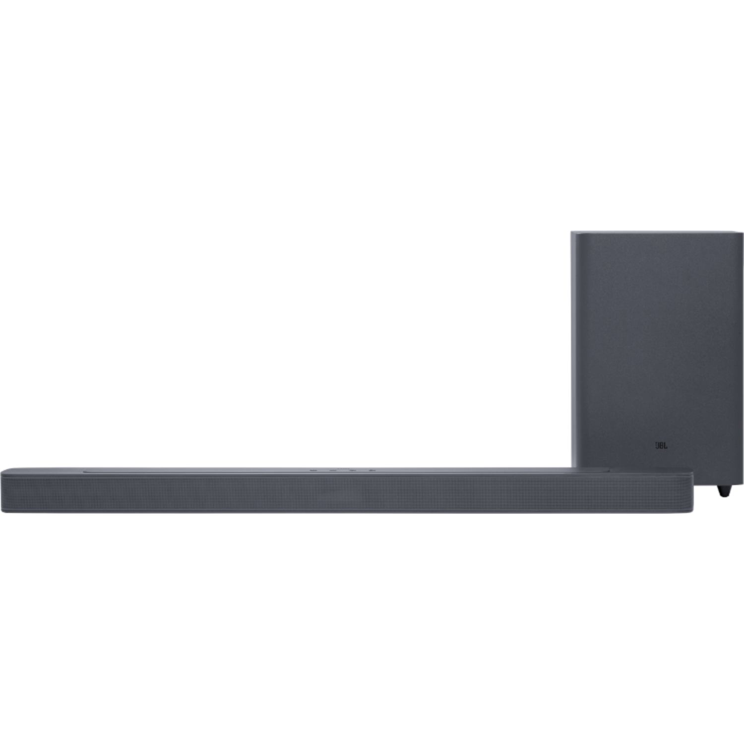 JBL soundbar en subwoofer, donkergrijs, op zwarte achtergrond, strak design.