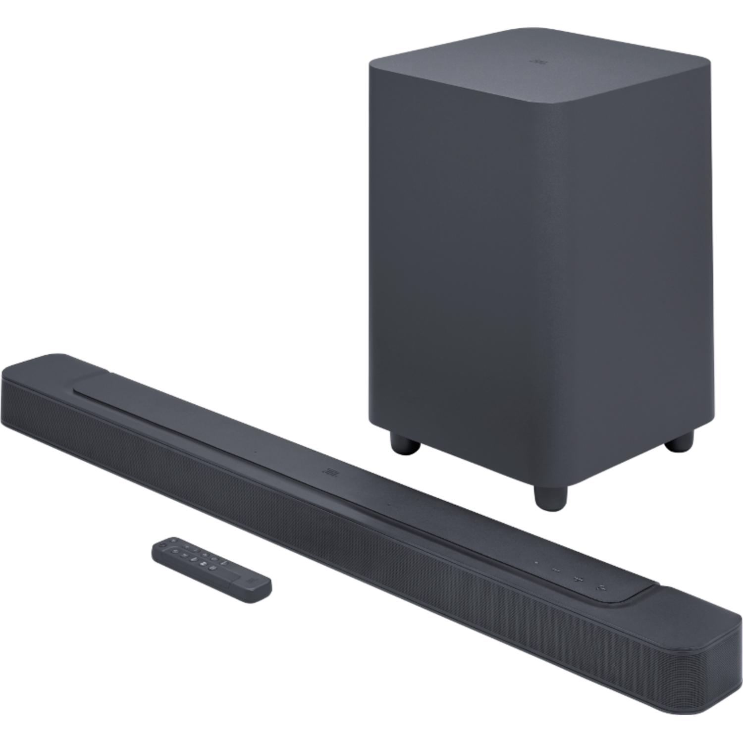 Een donkergrijze soundbar, subwoofer en afstandsbediening op een zwarte achtergrond.