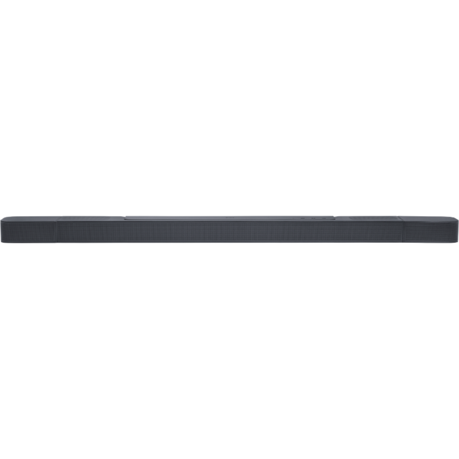 Zwarte JBL soundbar op zwarte achtergrond. De voorkant heeft een gaasrooster.