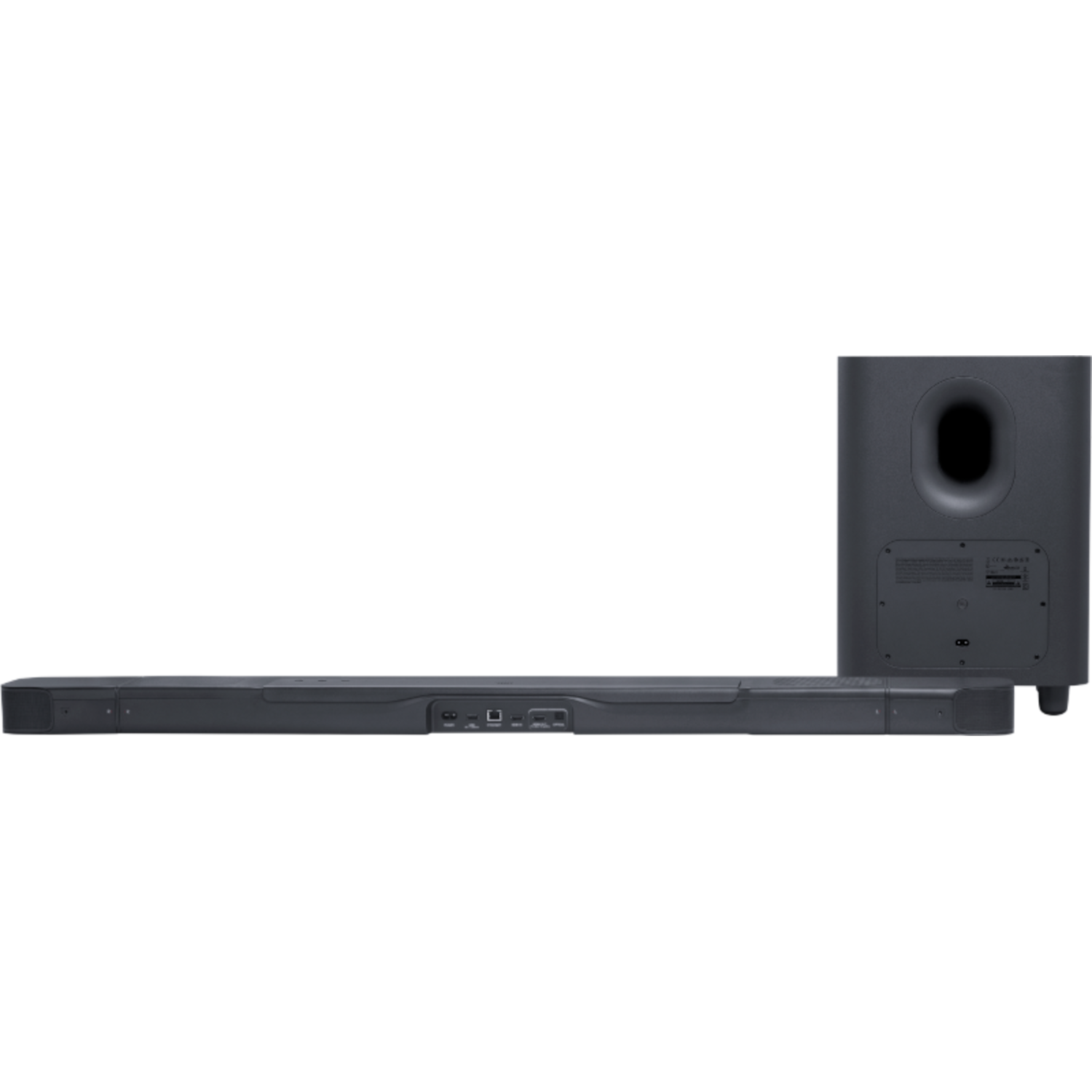 Zwarte soundbar met subwoofer op een zwarte achtergrond.