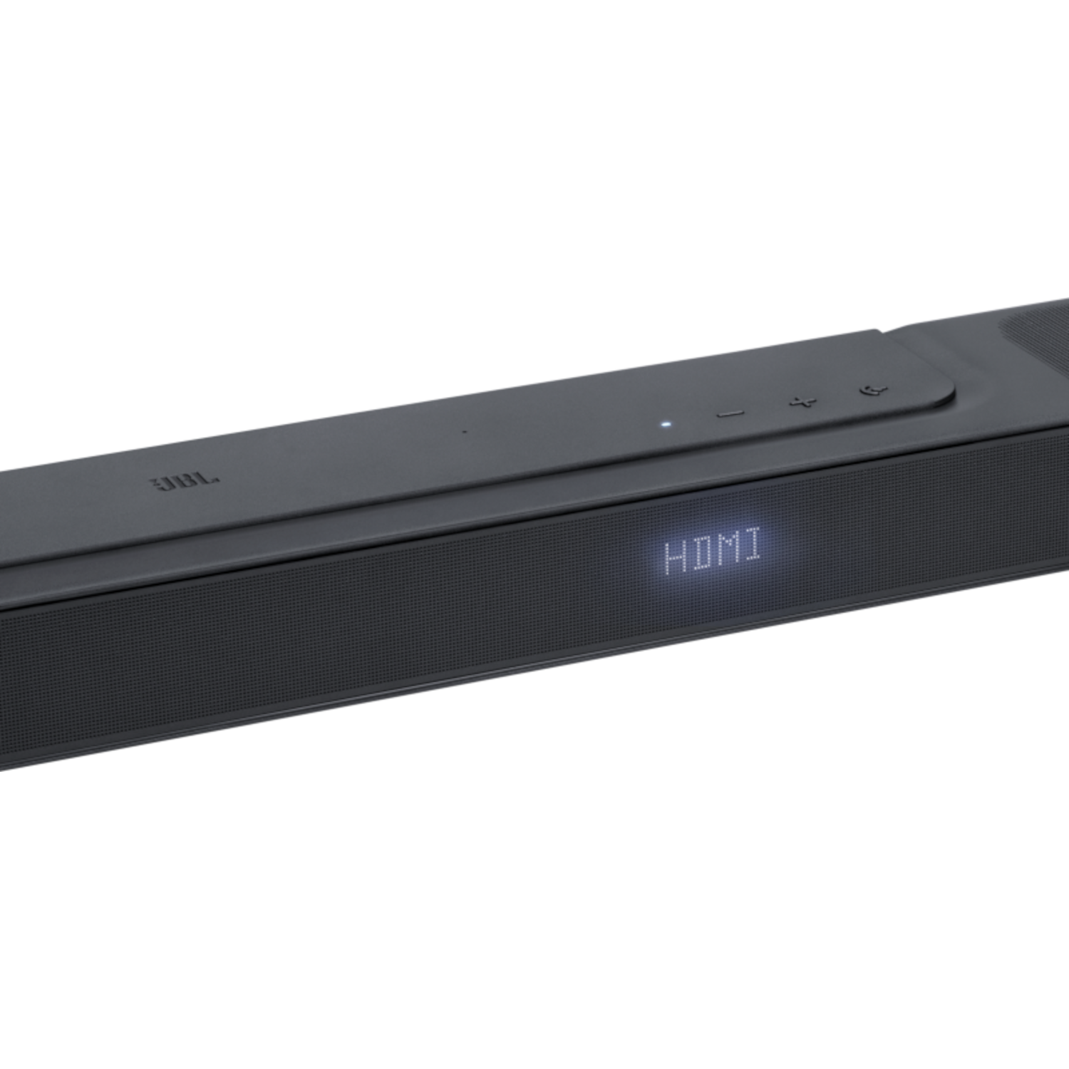 Een zwarte soundbar met het woord HDMI wit verlicht op een zwarte achtergrond.