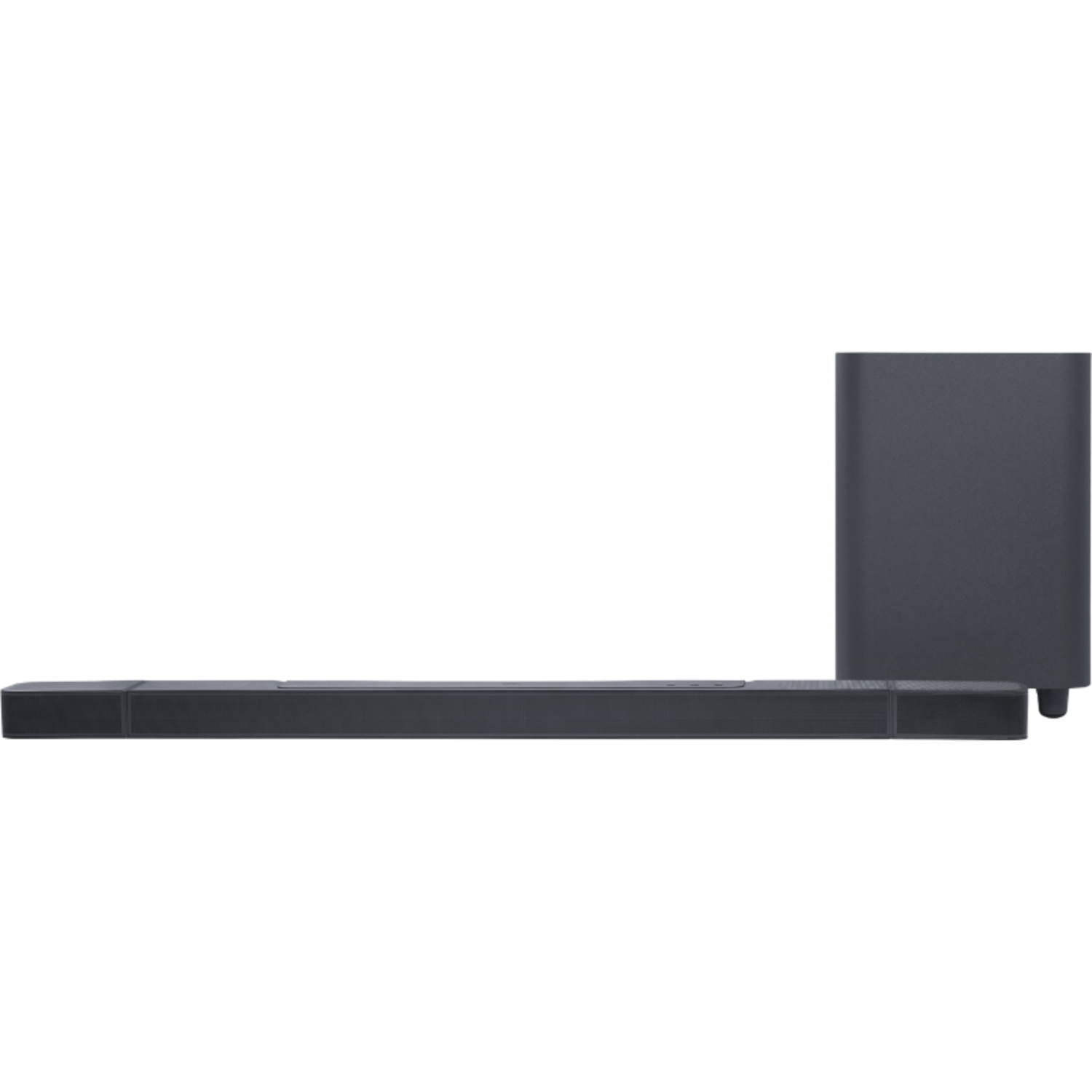 Een zwarte soundbar en subwoofer. De soundbar is lang en plat, de subwoofer is een kleine doos.