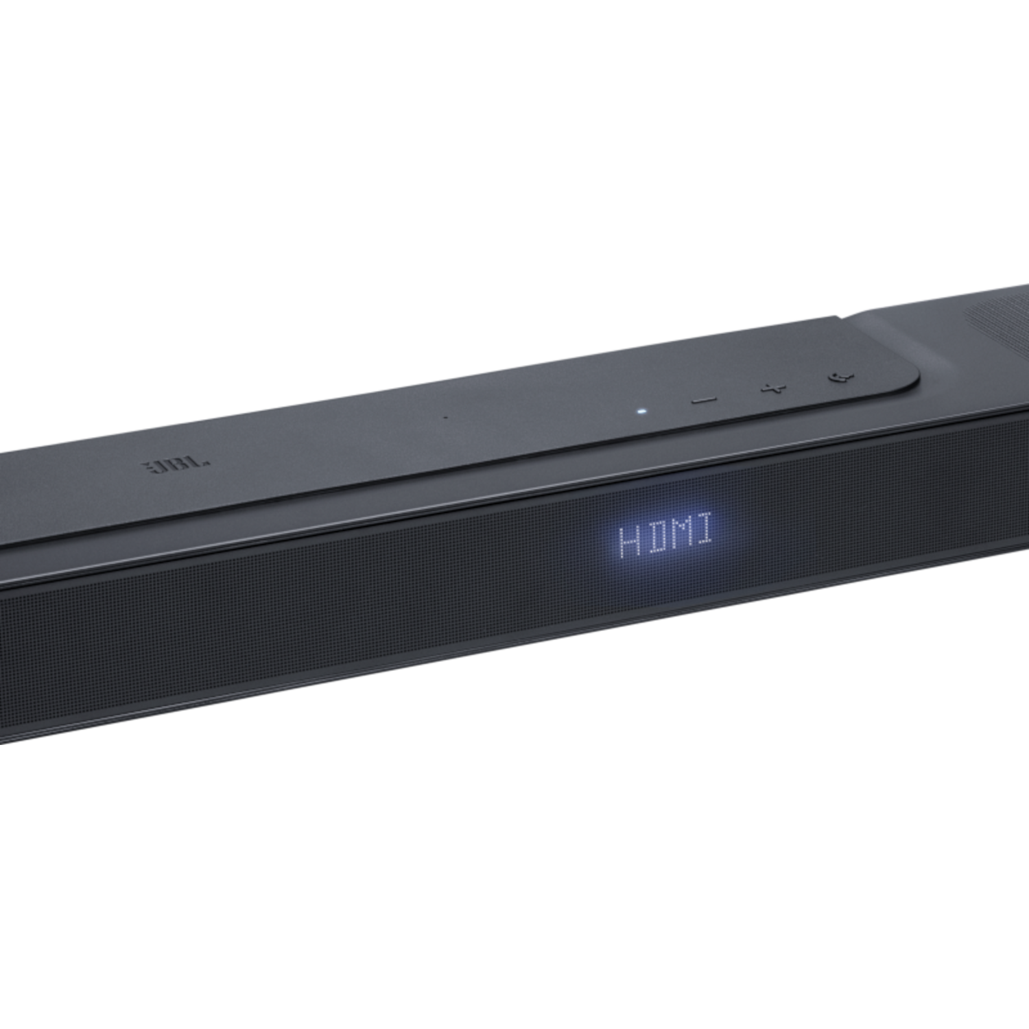 Een zwarte soundbar met het woord 'HDMI' weergegeven aan de voorkant. Op een zwarte achtergrond.