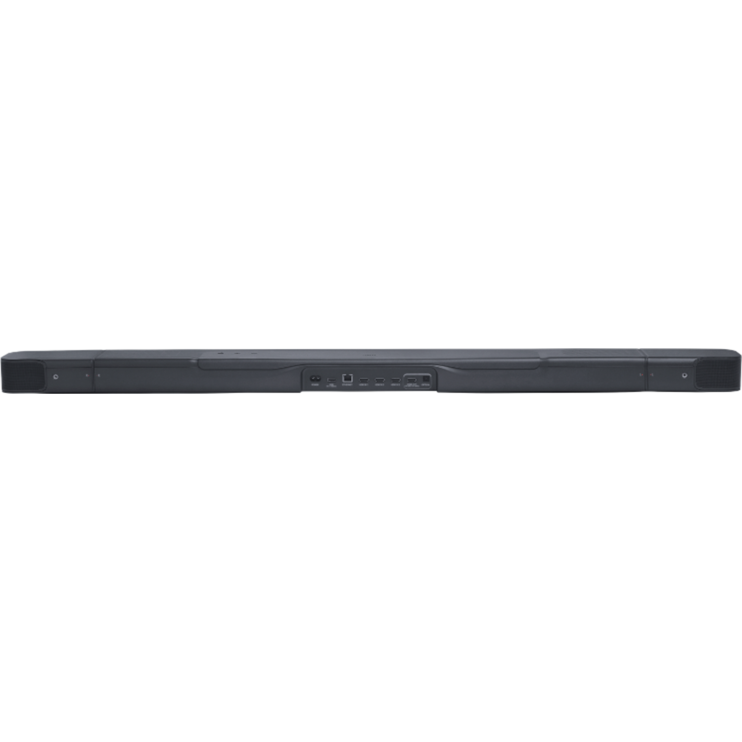 Een zwarte soundbar op een zwarte achtergrond. De achterkant van de soundbar is zichtbaar.