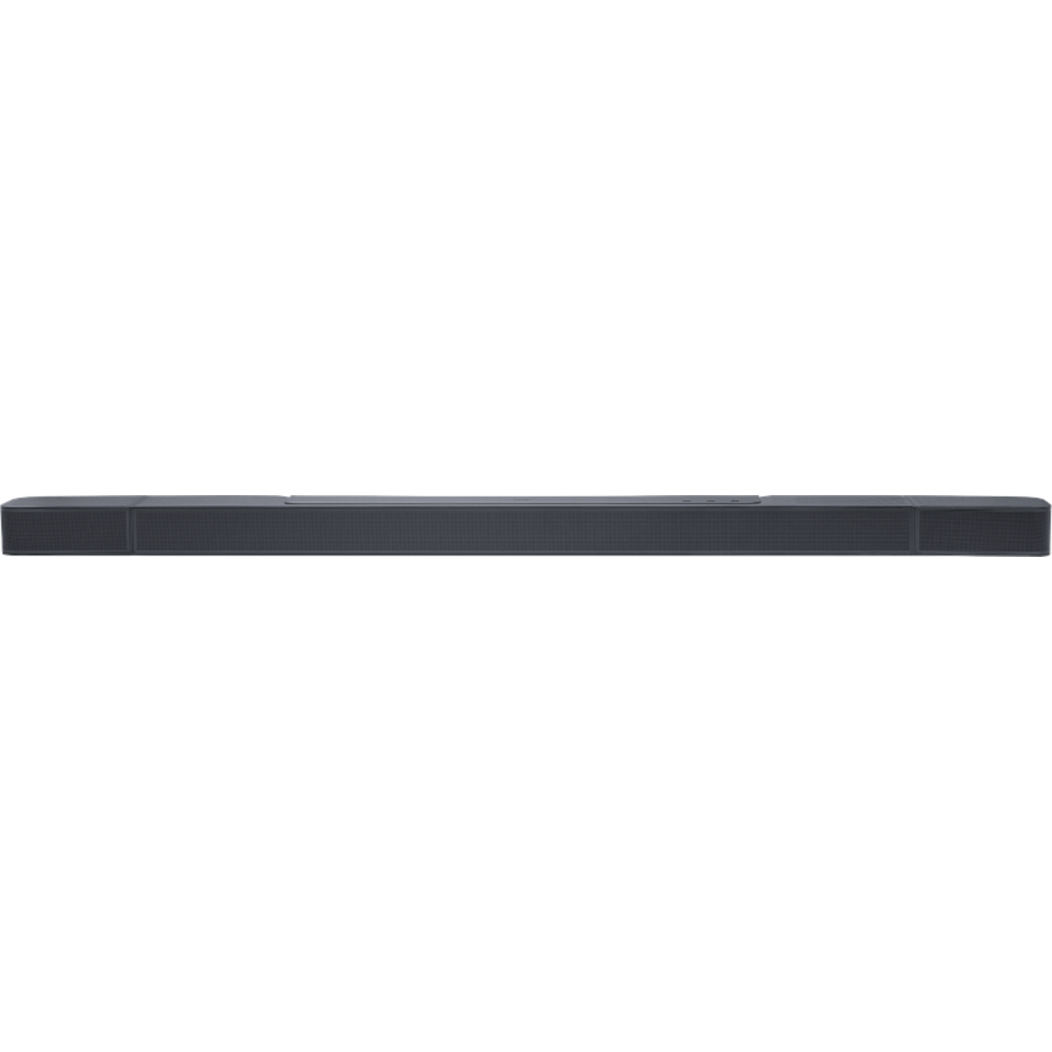 Een donkergrijze soundbar tegen een zwarte achtergrond. Hij is lang en rechthoekig.