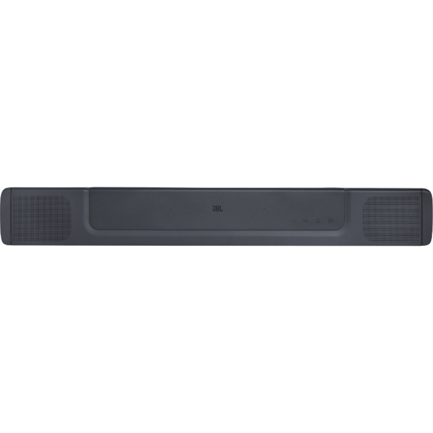 Een zwarte soundbar met luidsprekerroosters aan de uiteinden en het JBL-logo.