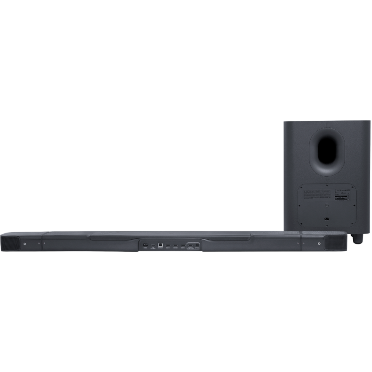 Een soundbar en een subwoofer. Zwart kleurenschema. Zwarte achtergrond.