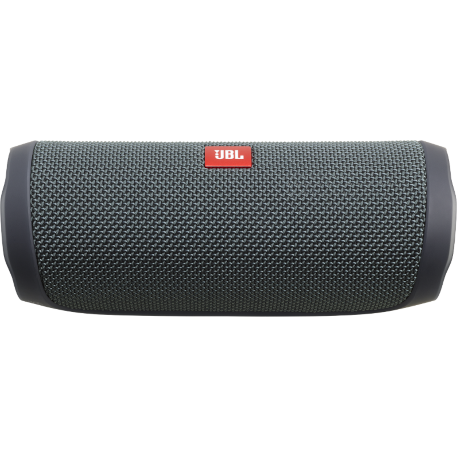Grijze JBL-luidspreker met rood JBL-logo. Zwarte eindkappen en grijze mesh-behuizing.