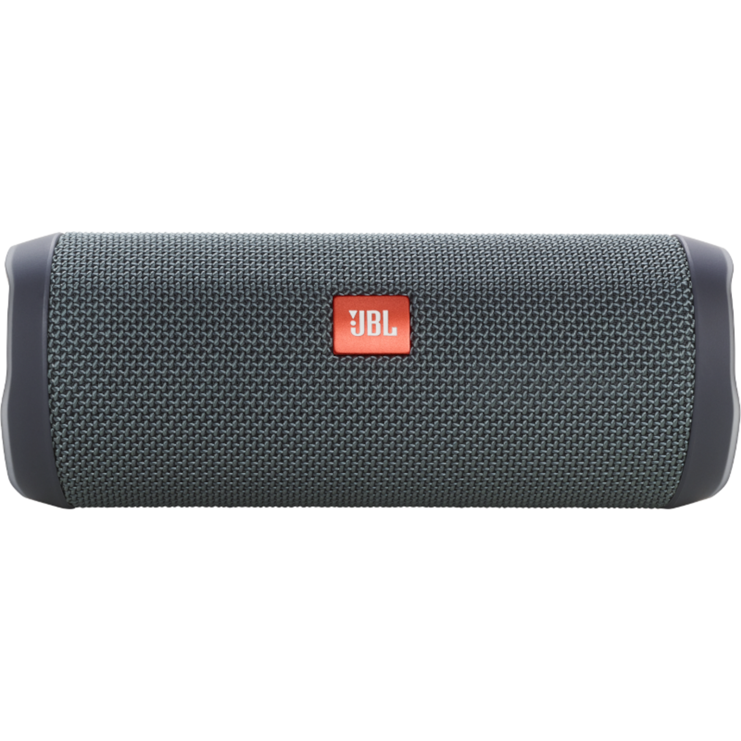 Een grijze JBL-luidspreker op een zwarte achtergrond. Het heeft het JBL-logo.