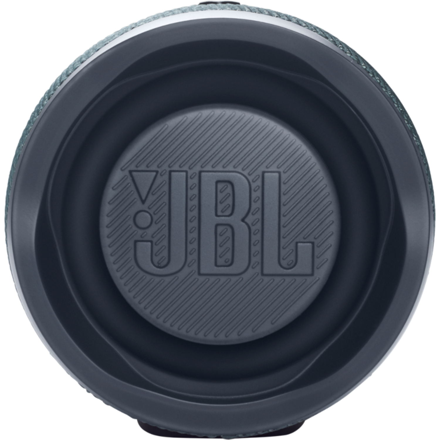 Bovenaanzicht van een donkerblauwe JBL-luidspreker met het JBL-logo in grijs, op een zwarte achtergrond.