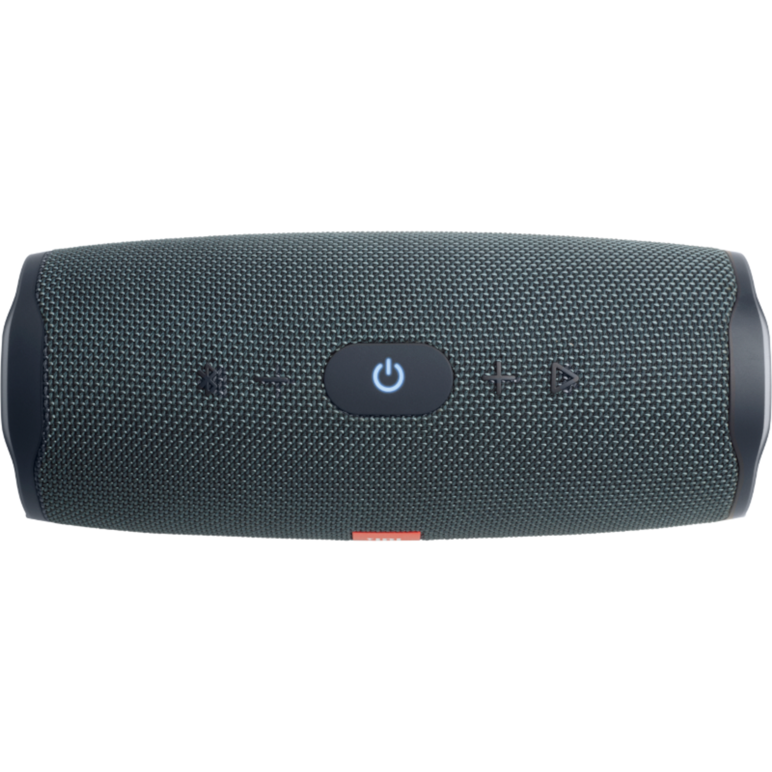 Een donkergrijze JBL Charge 4-luidspreker, met een aan/uit-knop en andere bedieningsknoppen.