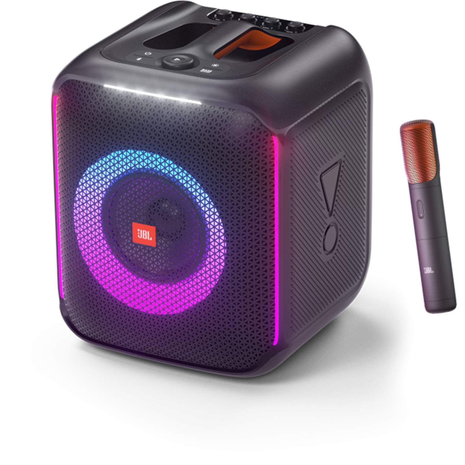 Zwarte JBL-luidspreker met kleurrijke lichten, microfoon en luidsprekerdetails.