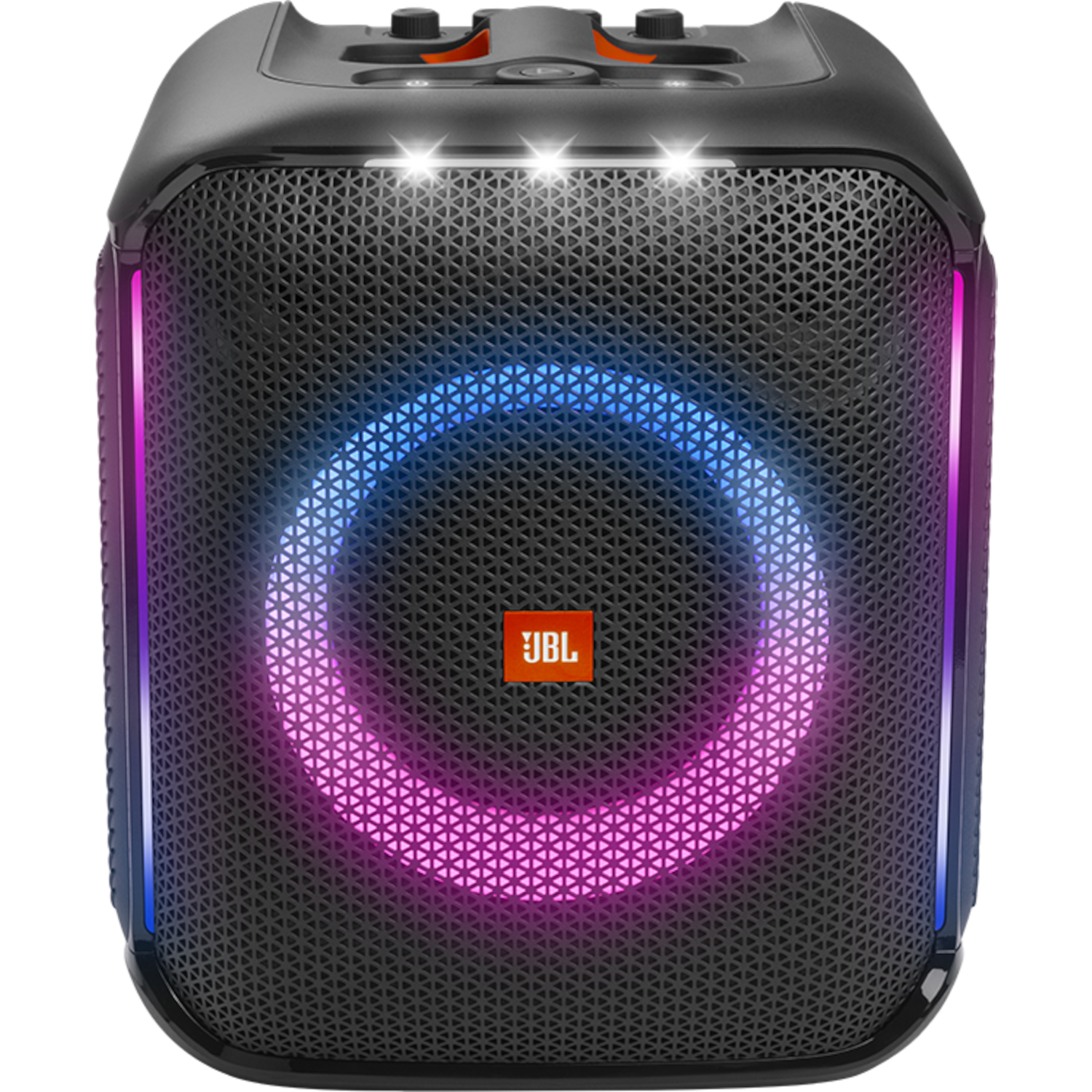 Een zwarte JBL-luidspreker met een kleurrijke, gloeiende ring en drie lampjes bovenop.