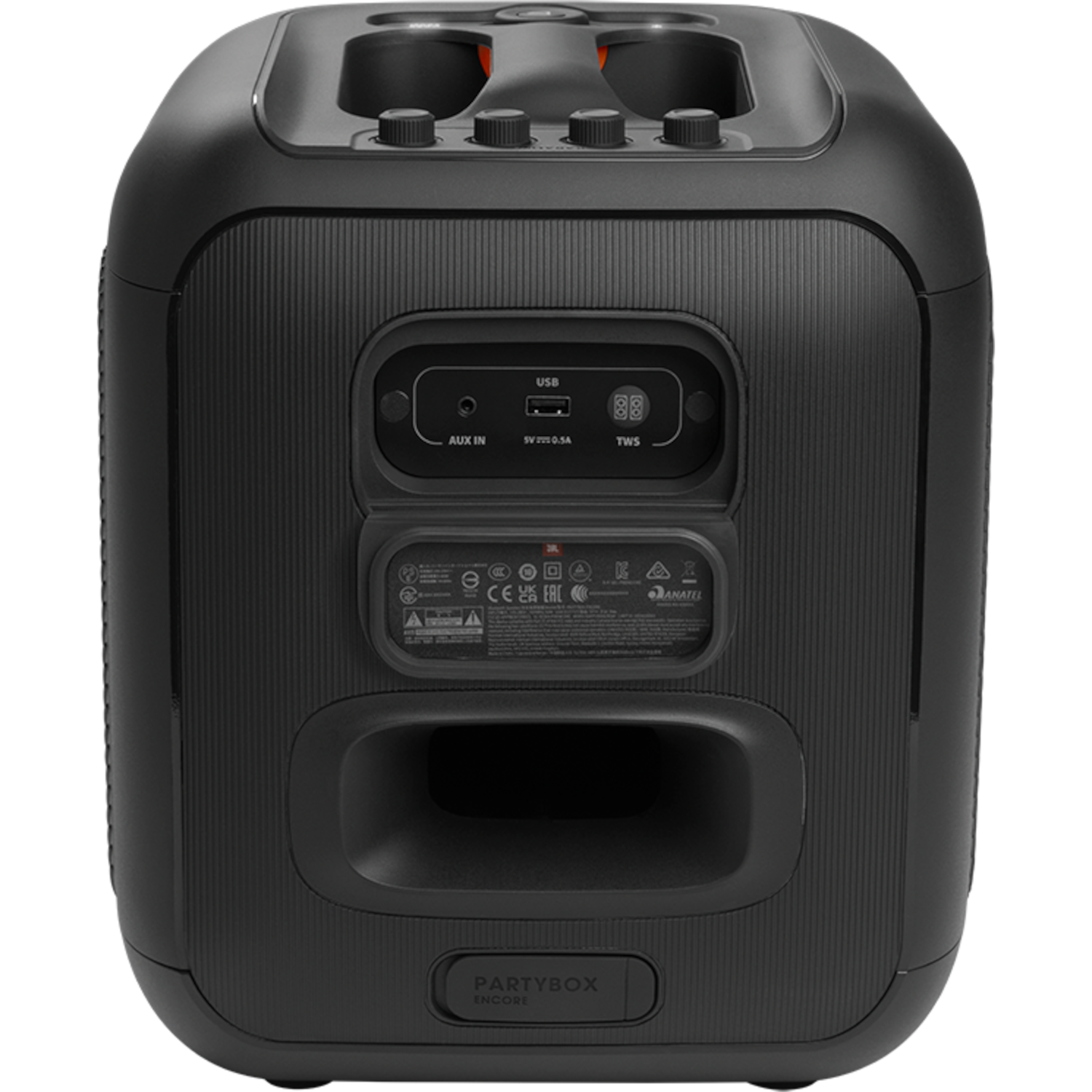 Zwarte JBL Partybox-luidspreker, achteraanzicht, met ingangen en bediening.
