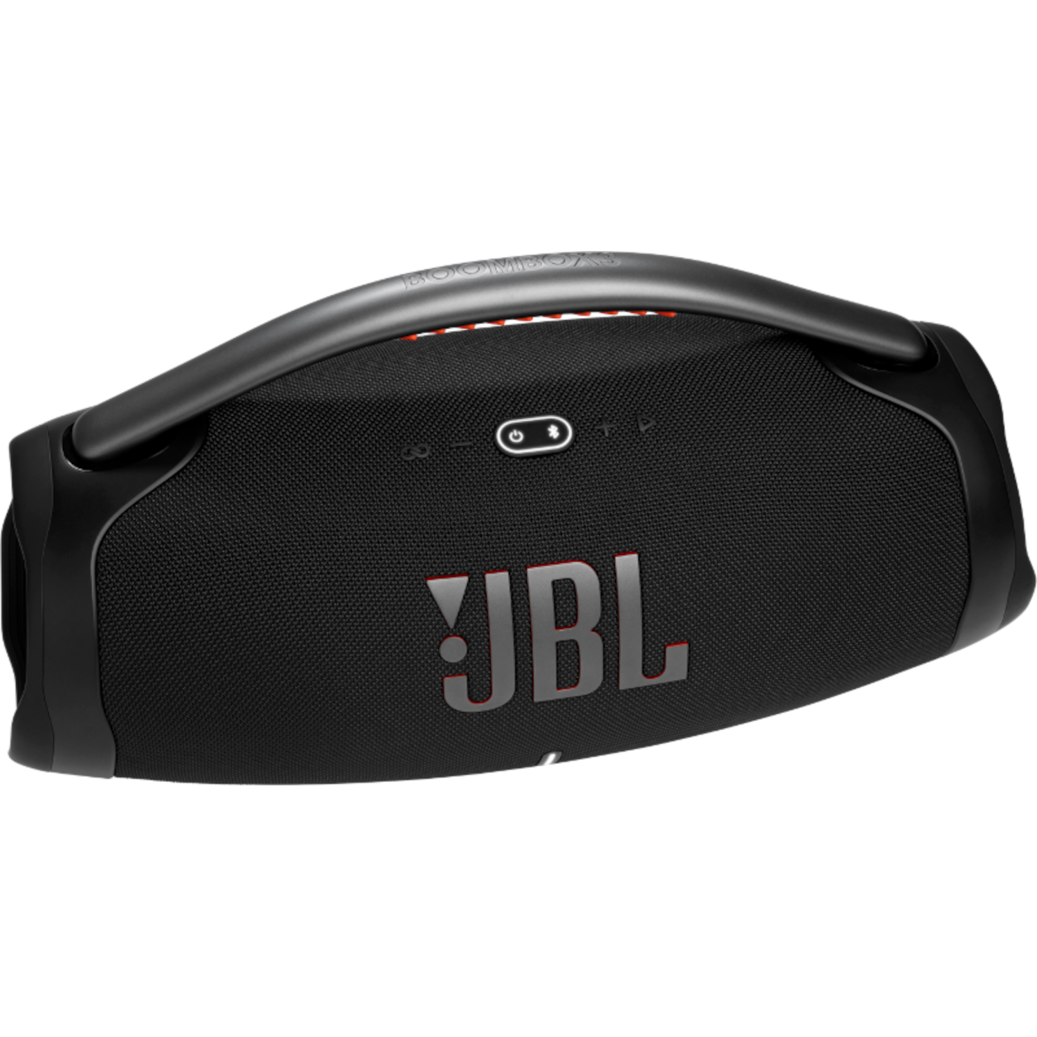 Black JBL Boombox speaker with a handle, isolated on black, displaying logo.