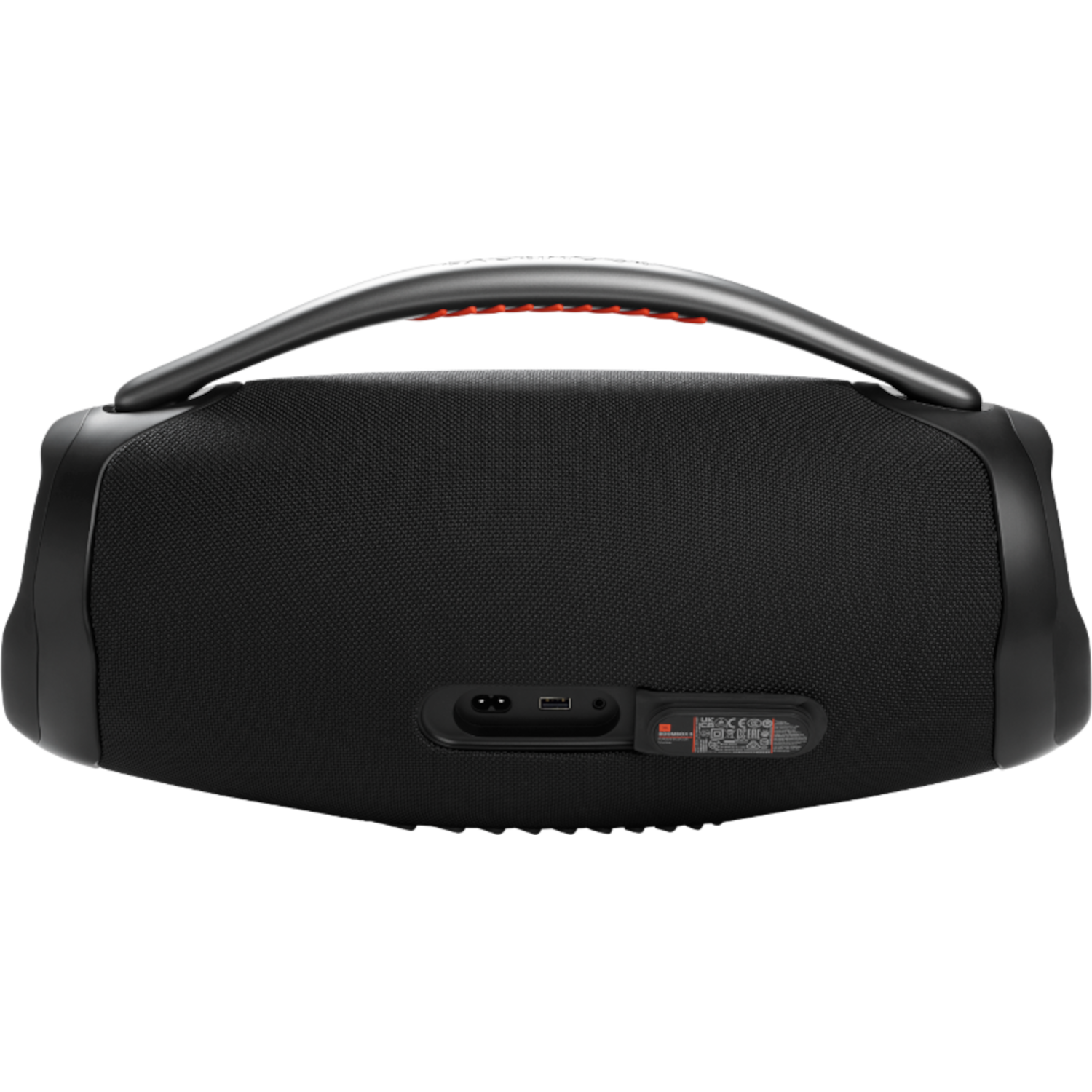JBL Boombox, black with a handle, visible ports and a red accent.