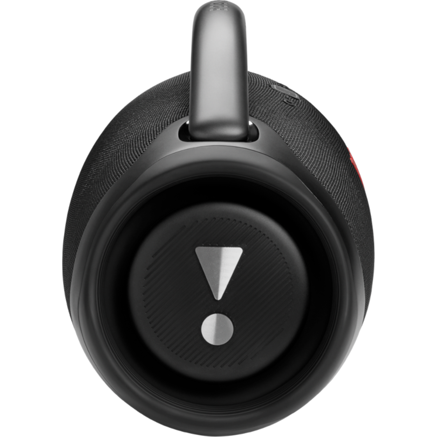 Black JBL speaker, cylindrical shape, handle on top, exclamation mark logo.