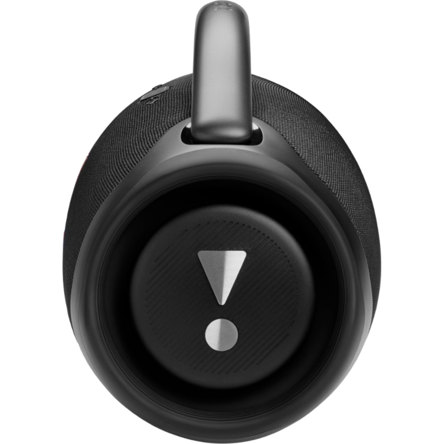 Black JBL speaker, cylindrical shape. Gray mesh, silver handle, and a white exclamation point.