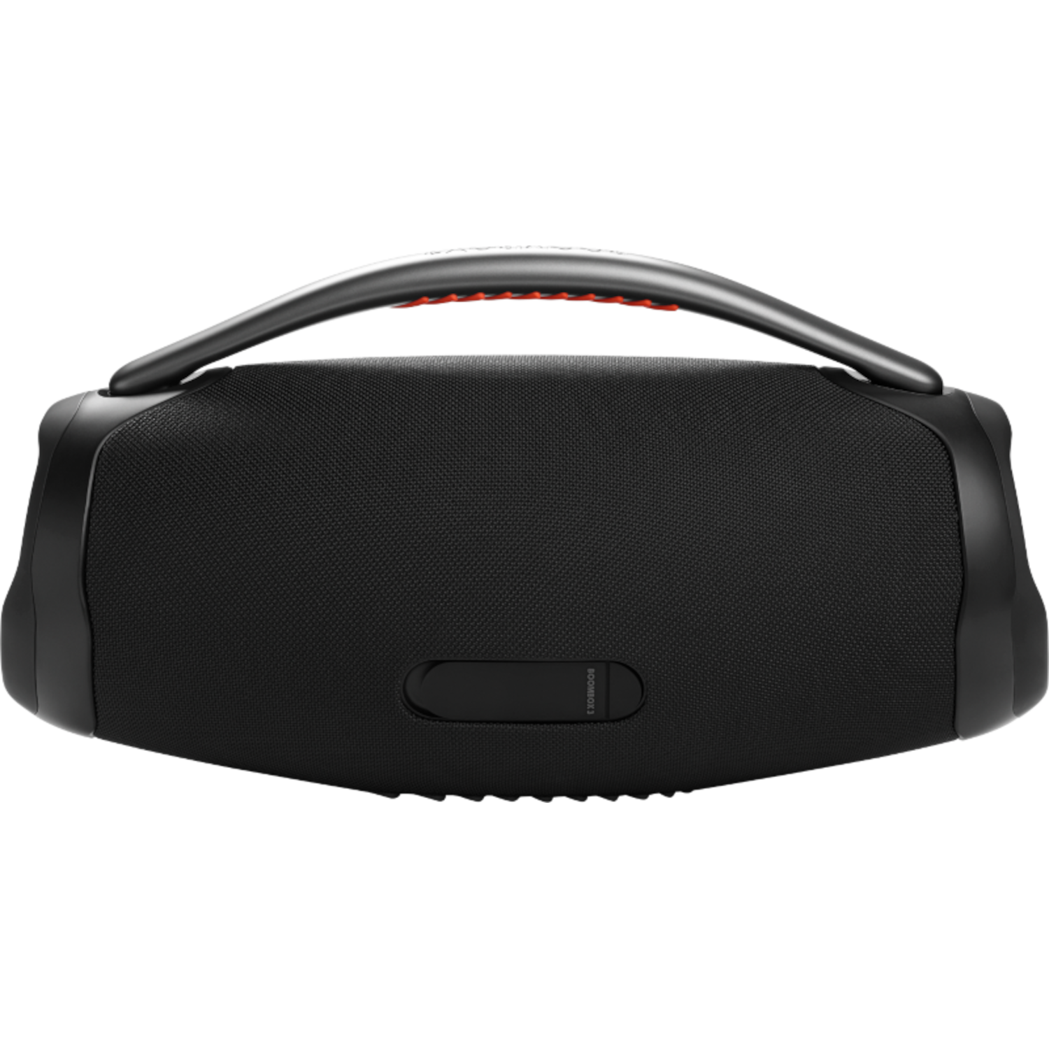 A black portable speaker with a handle and a mesh design.