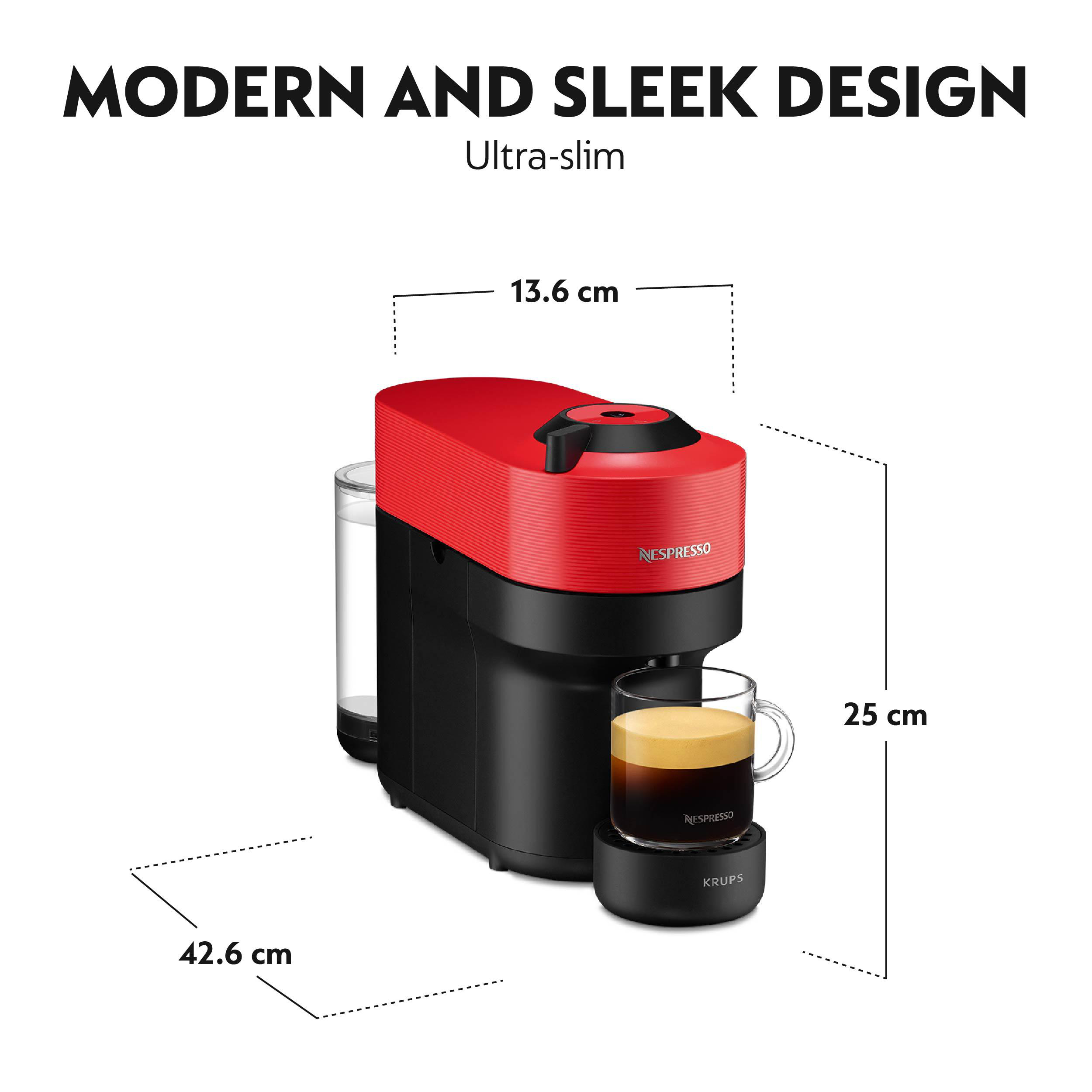 Eine rot-schwarze Nespresso-Kaffeemaschine wird mit einer Kaffeetasse und Abmessungen gezeigt.