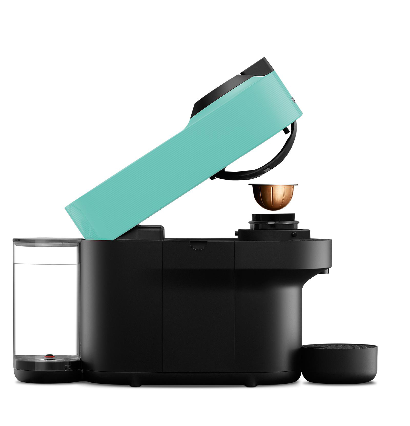 Eine schwarz-türkise Kaffeemaschine mit Wassertank und Kapsel.