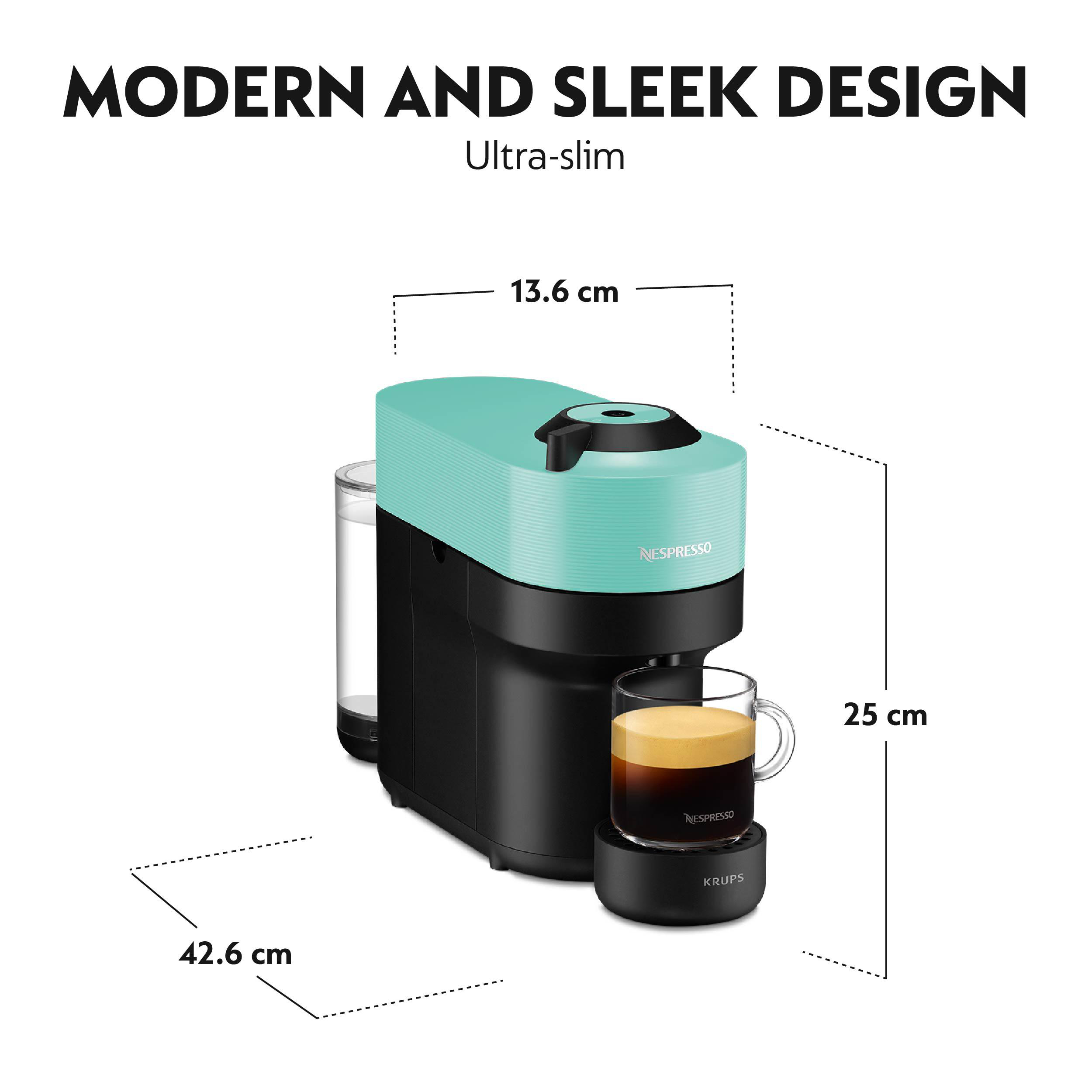 Nespresso-Maschine, schwarz und blaugrün, mit Maßen.