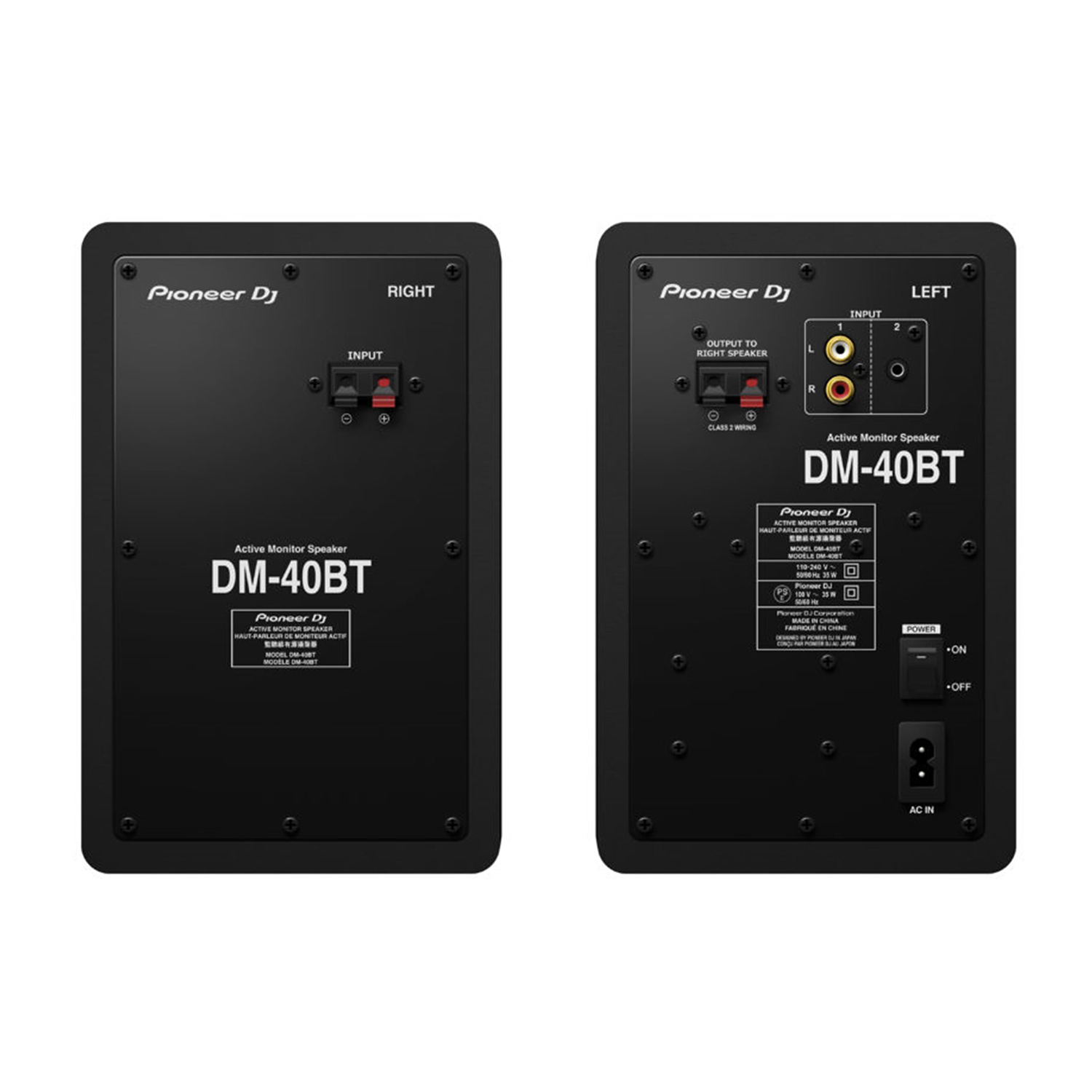 Due altoparlanti Pioneer DJ DM-40BT. Ogni altoparlante ha jack di ingresso/uscita.