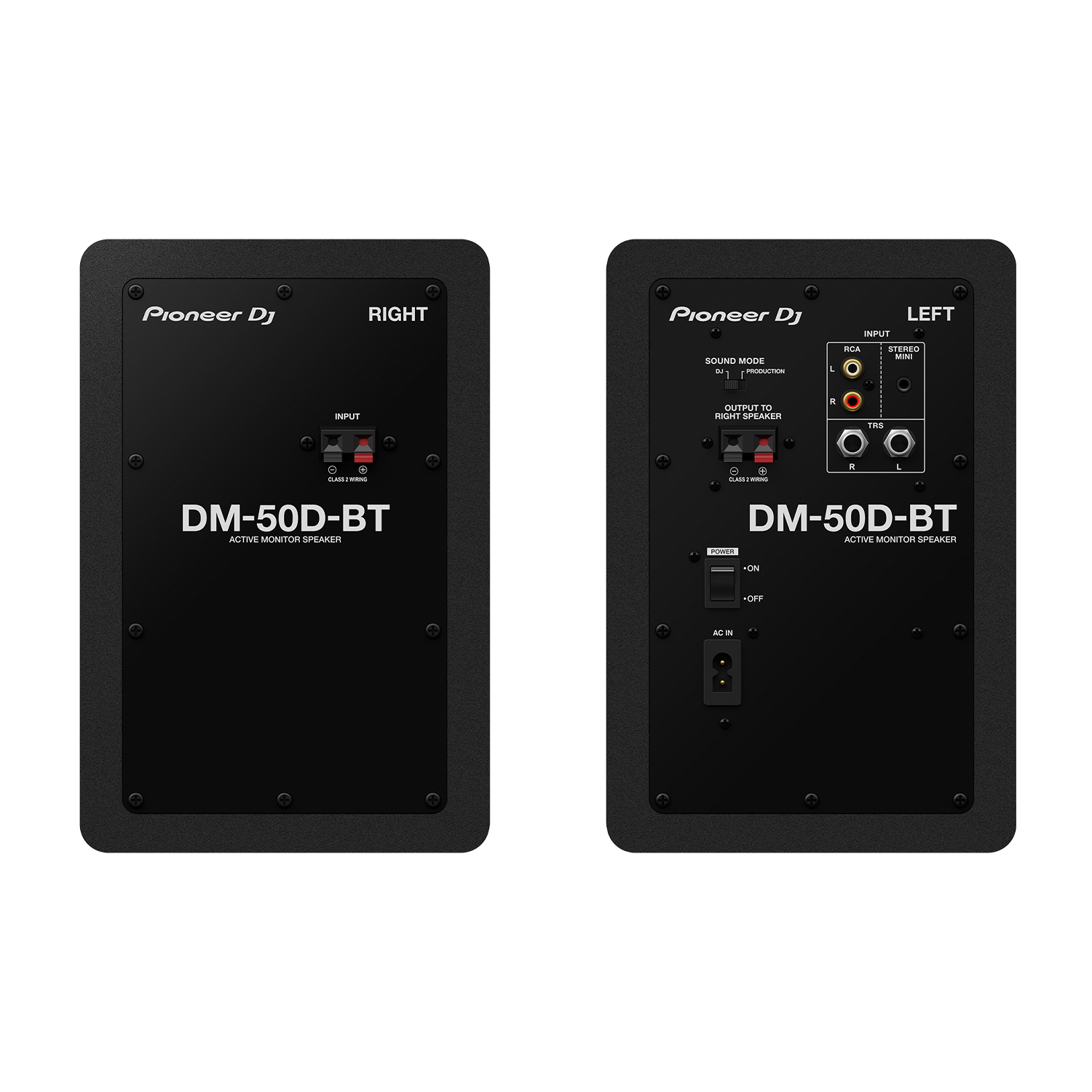 Due altoparlanti monitor attivi Pioneer DJ DM-50D-BT, neri, con etichette e porte di ingresso/uscita.